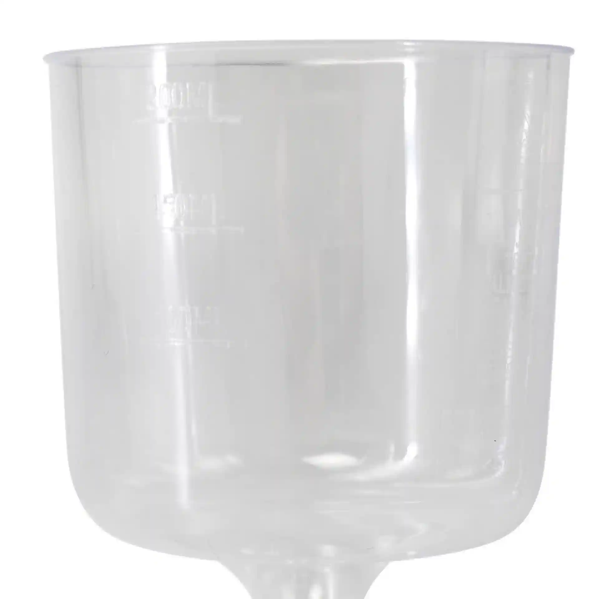 Transparent wine glass with a capacity of 200 ml, showing measurement markings on the side.