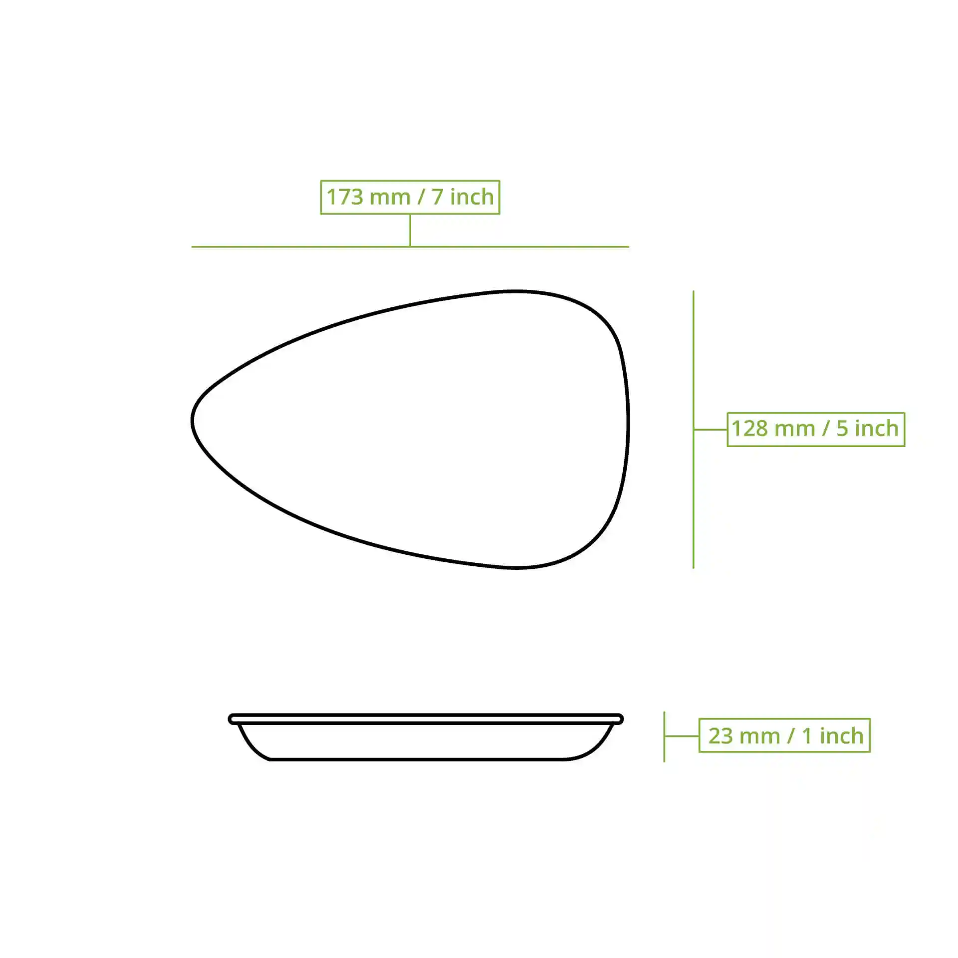 Schematic drawing of a tear drop-shaped palm leaf plate with dimensions: 173 mm length, 128 mm width, and 23 mm height.