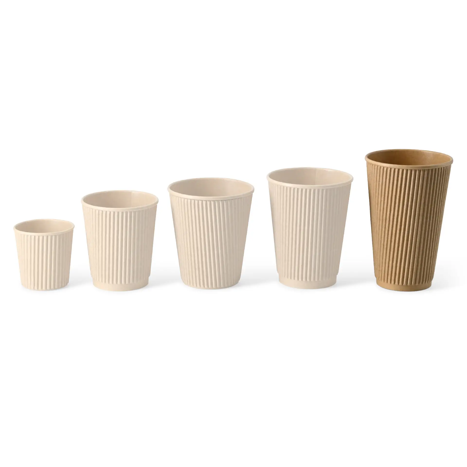 Set of five insulated ripple coffee cups in various sizes, featuring a light brown ribbed design.