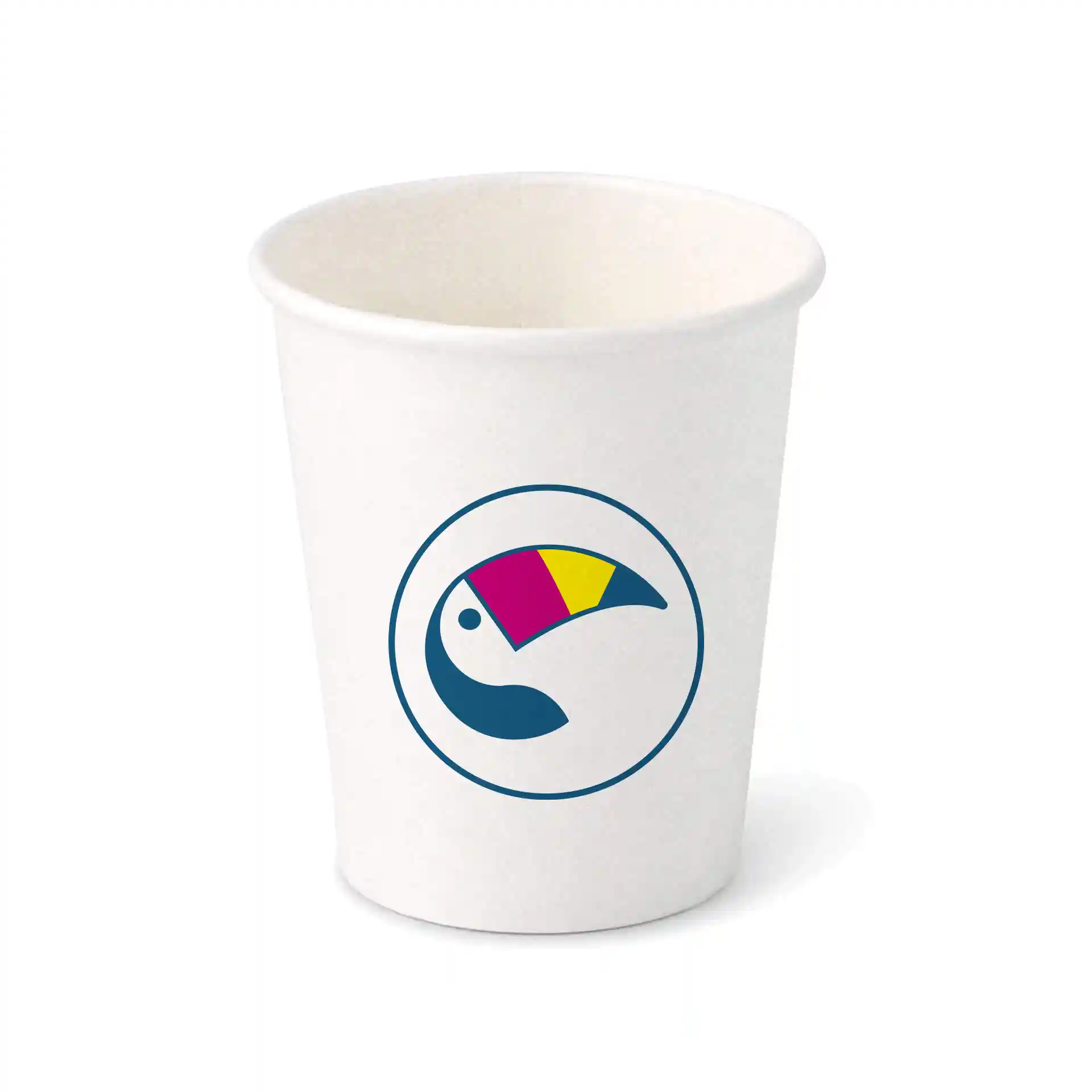 White paper cup with a round shape and a logo featuring a stylized bird design in blue, pink, and yellow.
