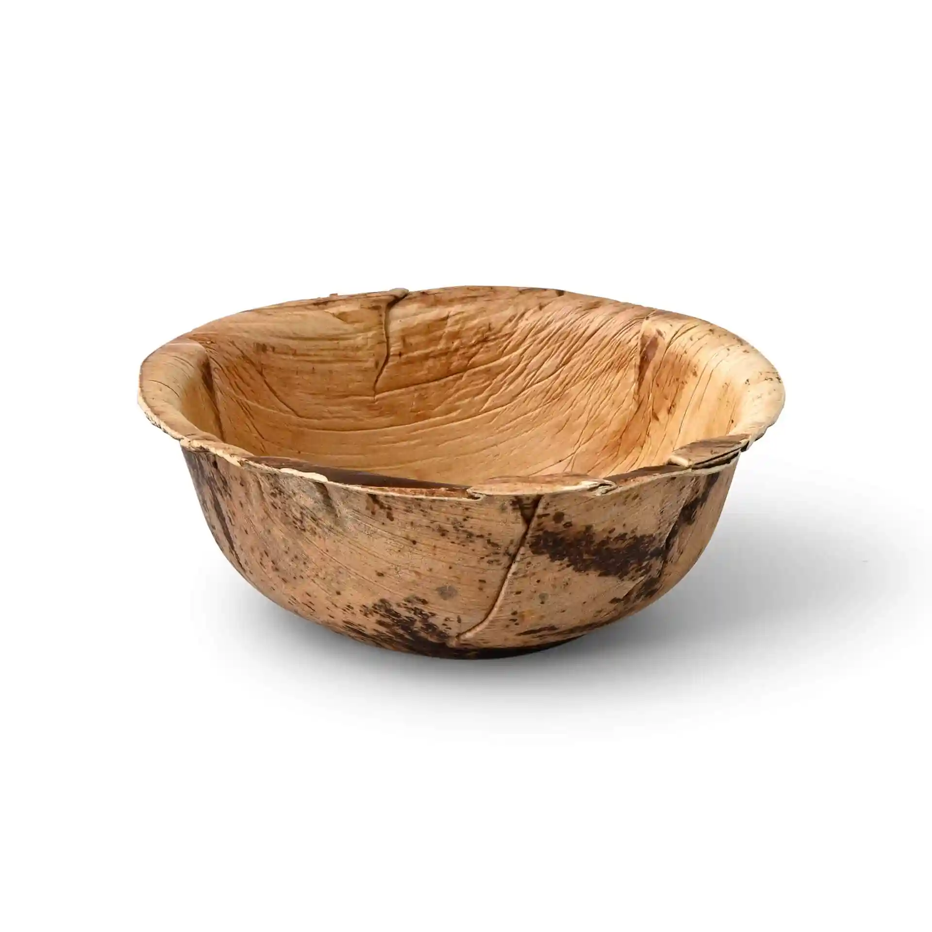 Round palm leaf bowl with a grain texture, measuring 150 mm in diameter and 55 mm in height.