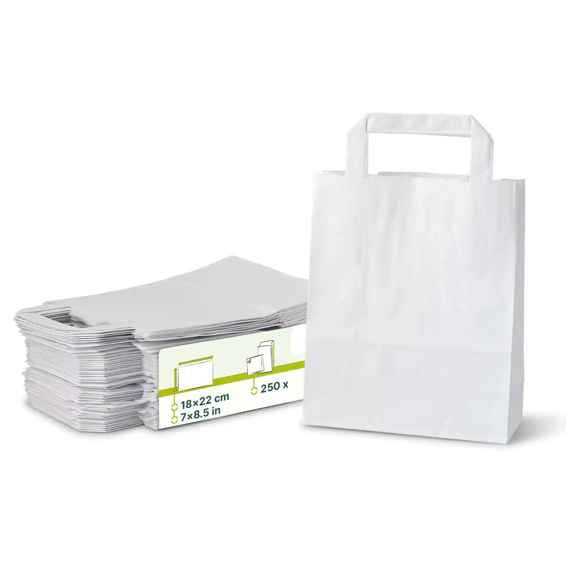 White kraft paper bags with a flat handle, dimensions 18 x 22 cm, stacked with several bags visible.