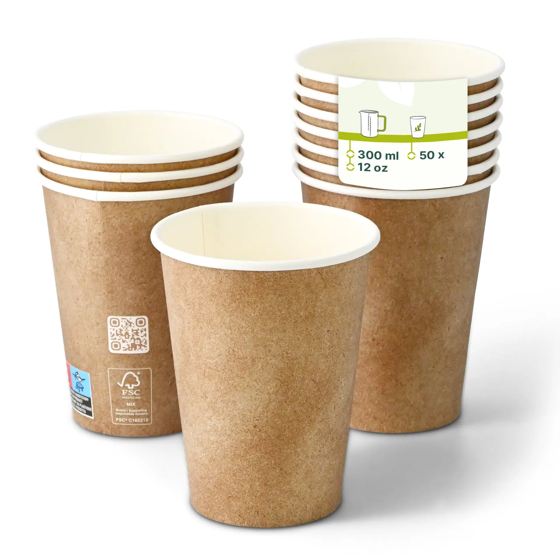 One brown, single-wall paper cup with a white inner lining, surrounded by additional similar cups with reduced opacity; contains a label for product details.
