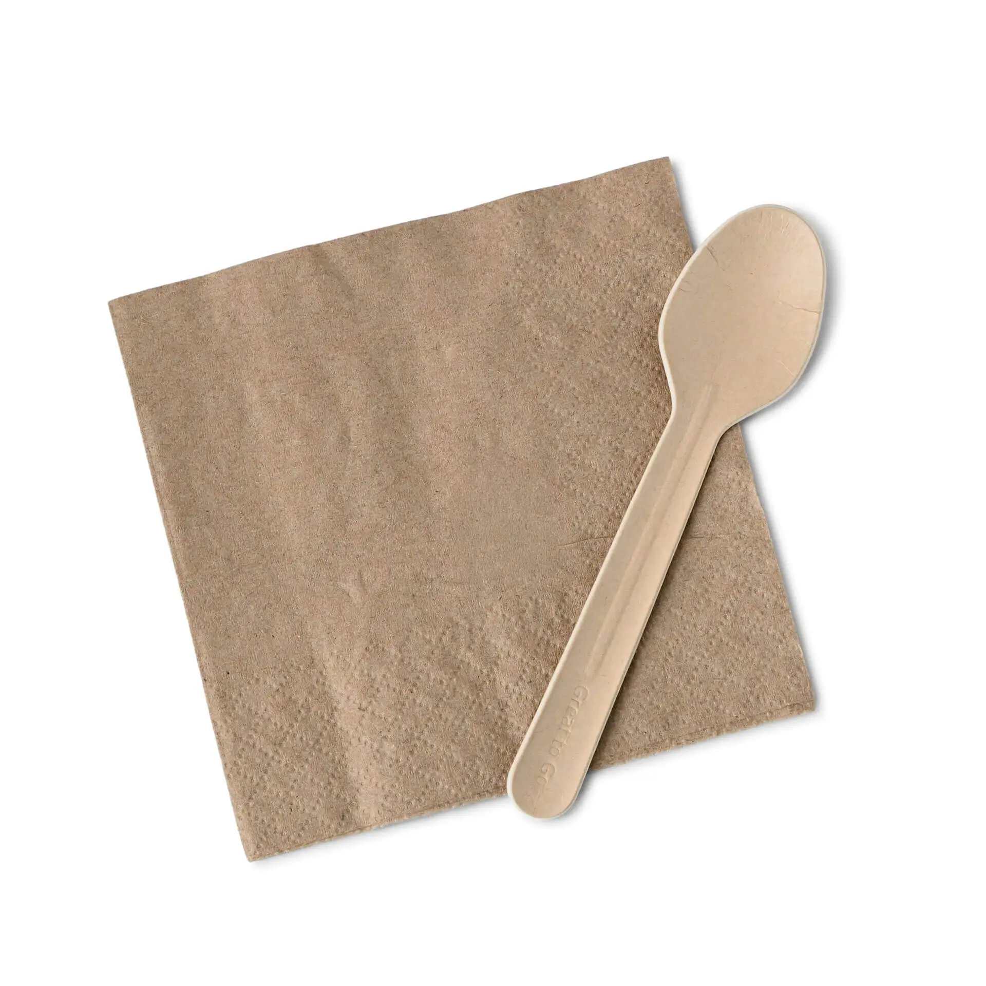 Brown paper napkin with a paper teaspoon placed on top. The napkin has a printed recycling symbol.