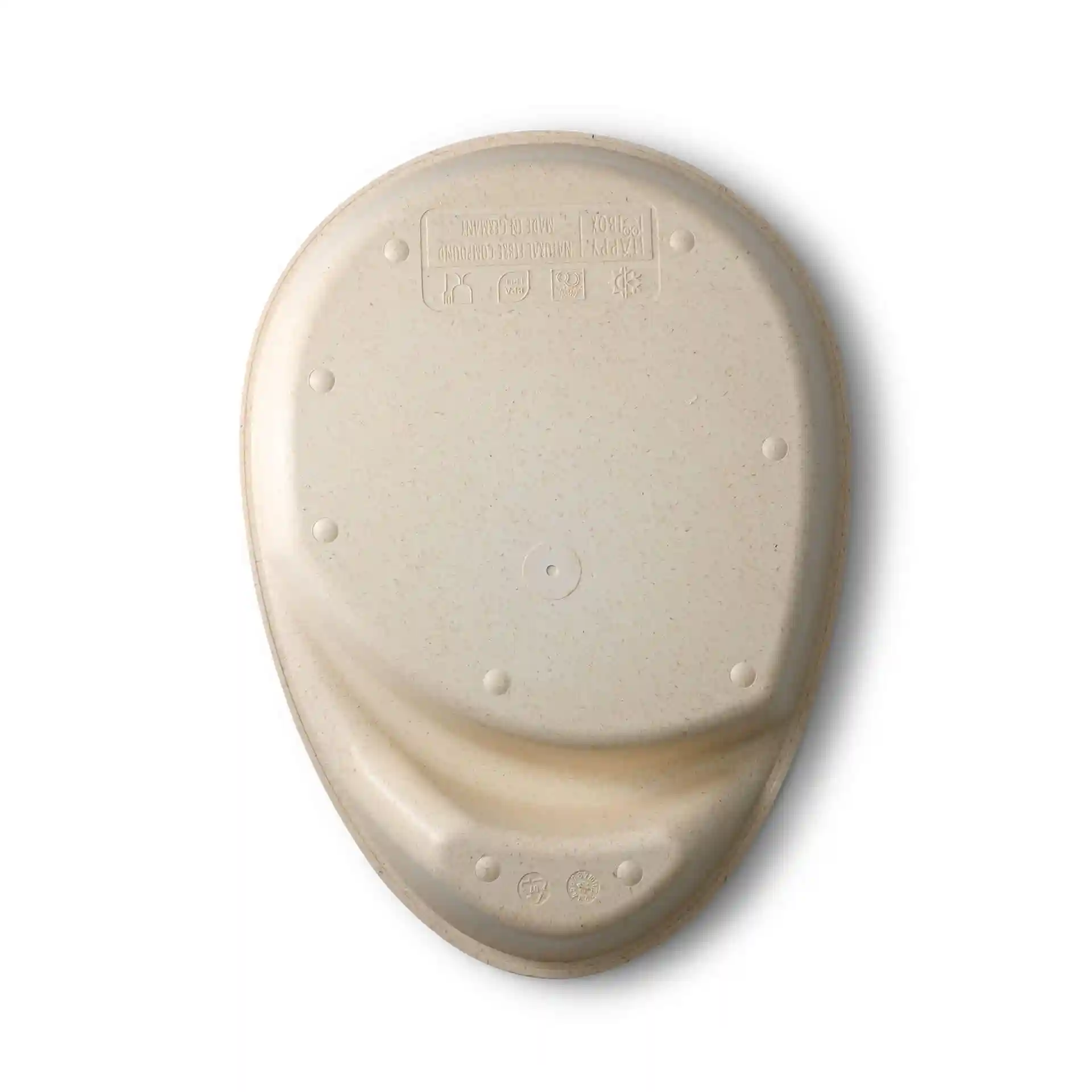 Creamy white reusable divided plate with two compartments, teardrop shape, viewed from the bottom.