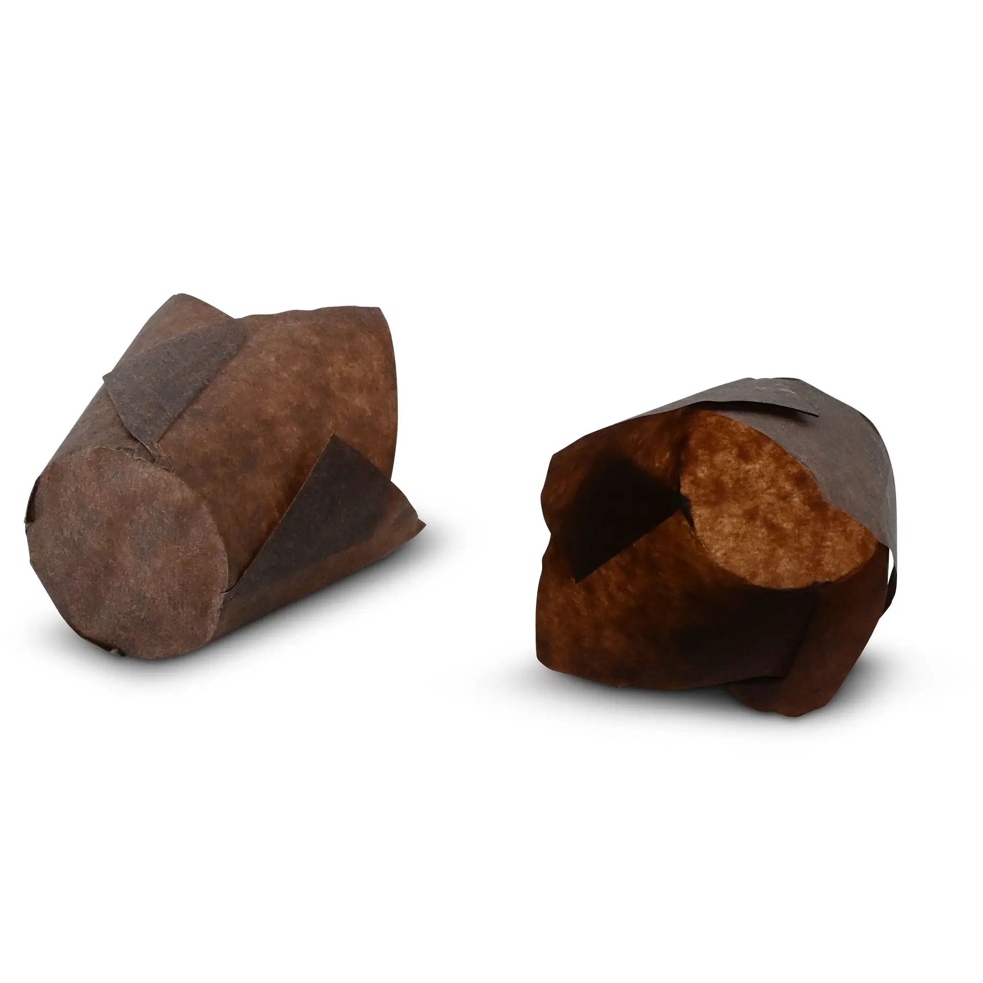 Brown greaseproof paper muffin cups, 5 cm in diameter; two cups shown on a white background.