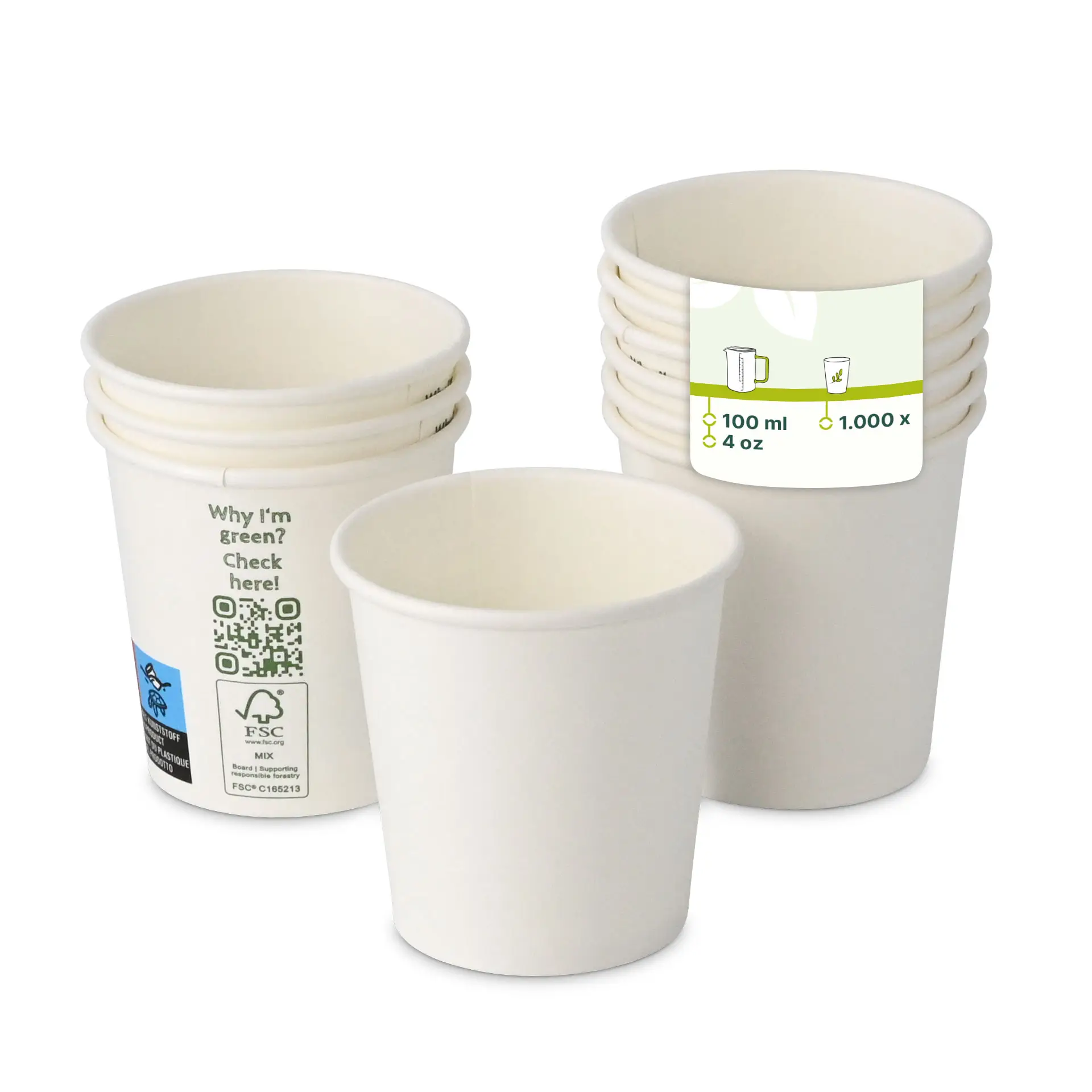 Paper cup 100 ml / 4 oz, Ø 62 mm, single wall, white, PLA-coated