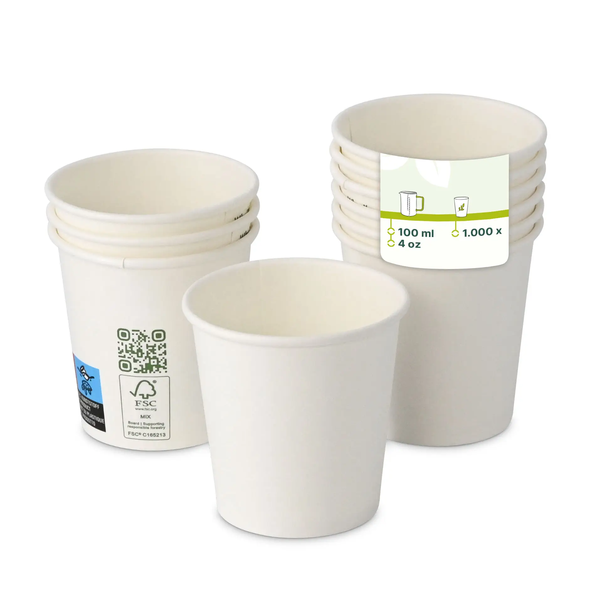 White paper cups stacked, single wall, 100 ml capacity, with a label showing measurements and details.