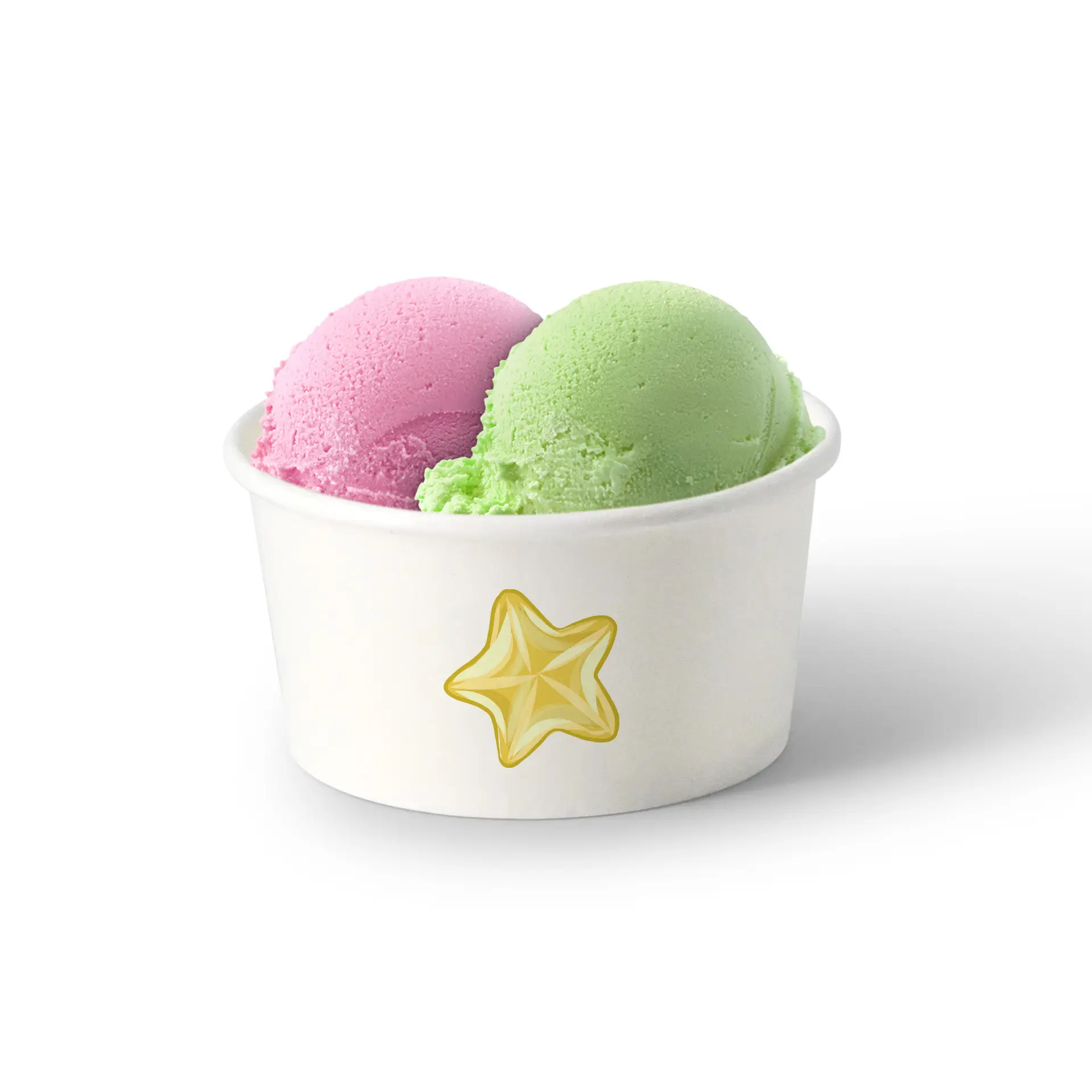 Two scoops of ice cream, one pink and one green, in a white ice cream cup with a star logo.