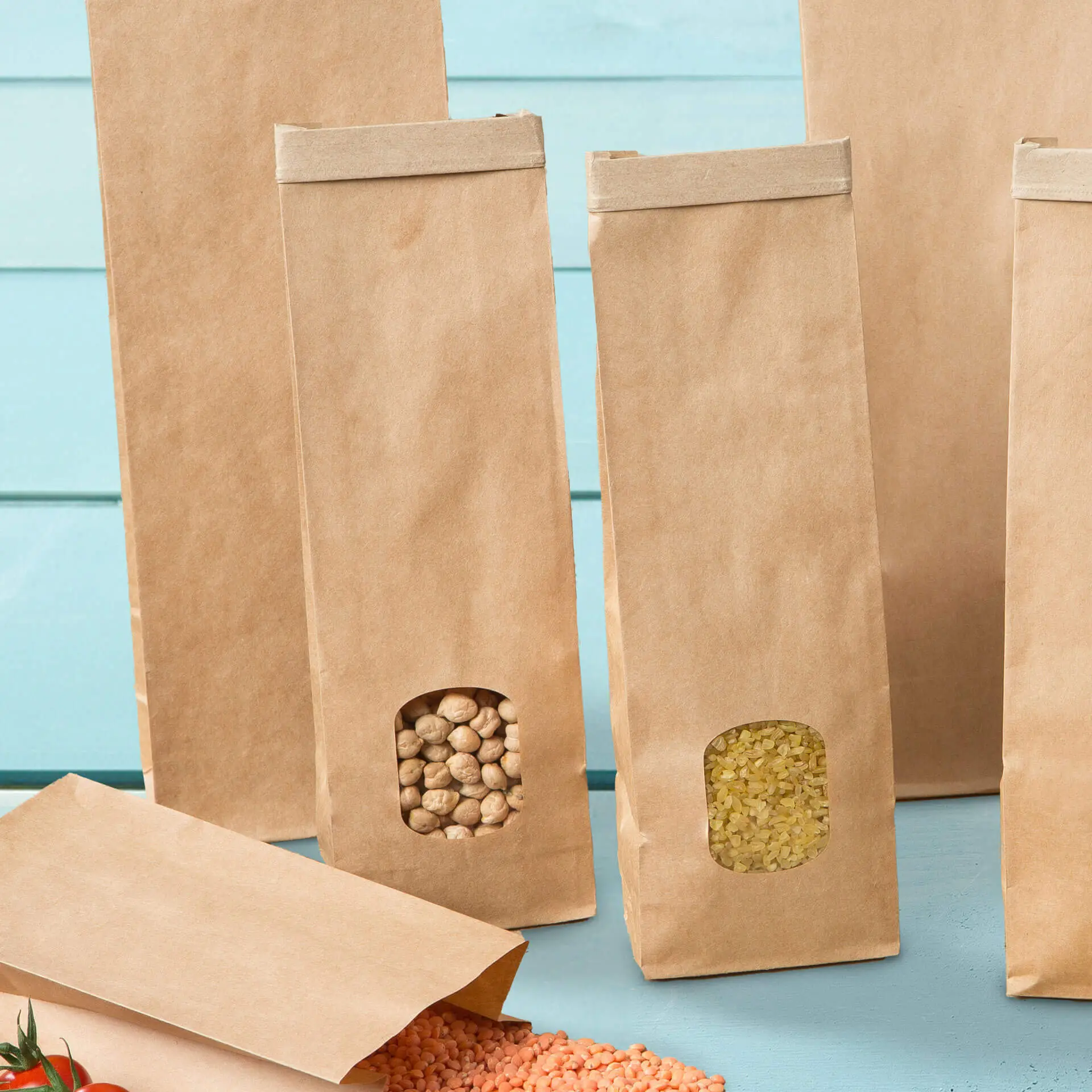 Block bottom bags with window XS, 7,5 x 4,5 x 24 cm, PP-foil, brown, tin tie, kraft paper