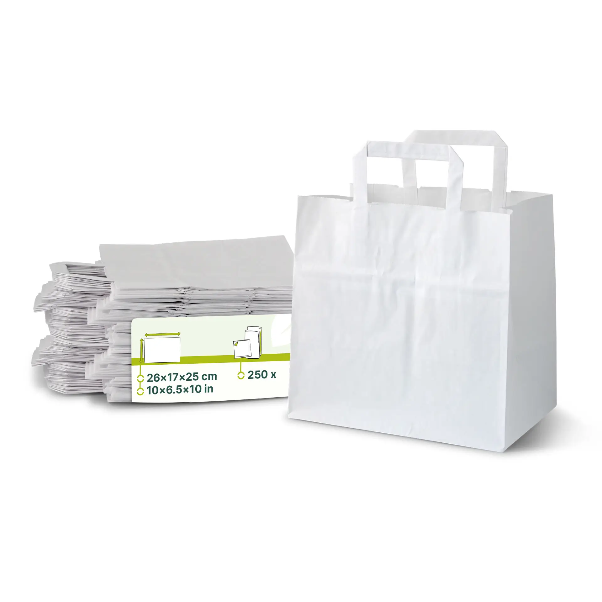 White kraft paper carrier bags, size L (26x17x25 cm), sturdy with handles, stack of multiple bags shown.
