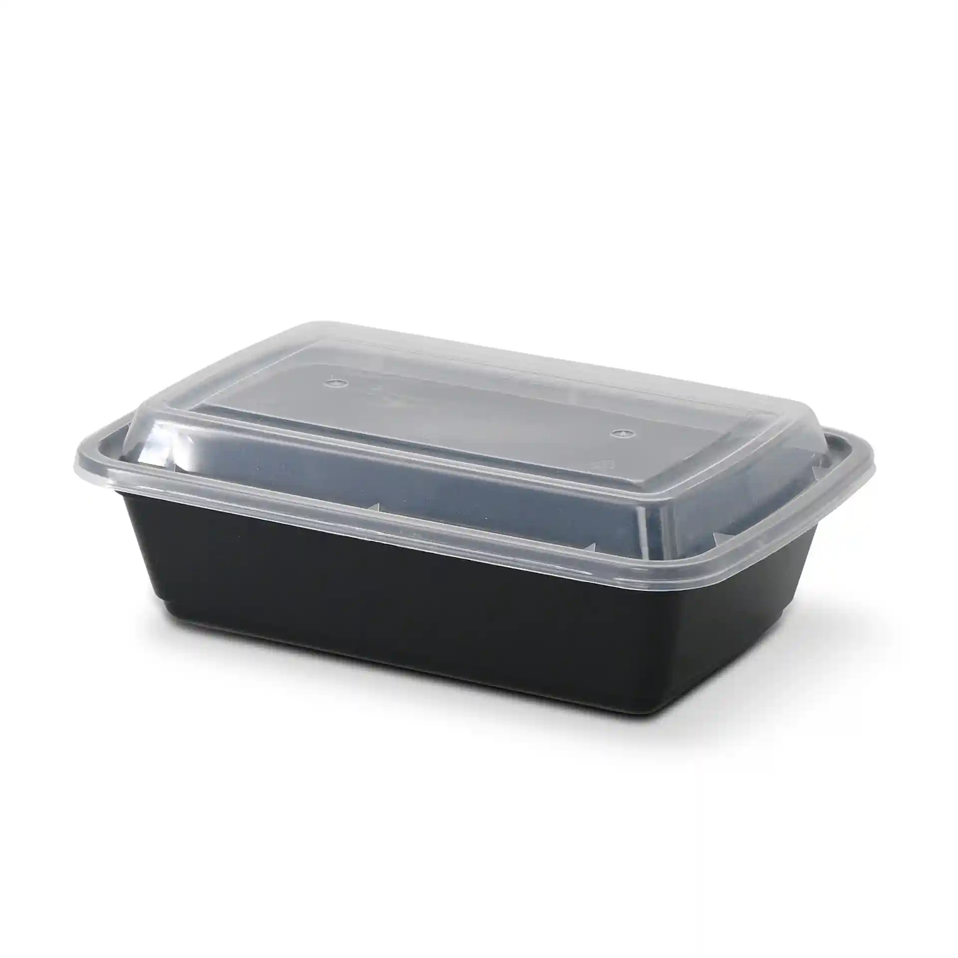 Rectangular black reusable container with a clear lid, measuring 185 mm in length, 124 mm in width, and 44 mm in height.