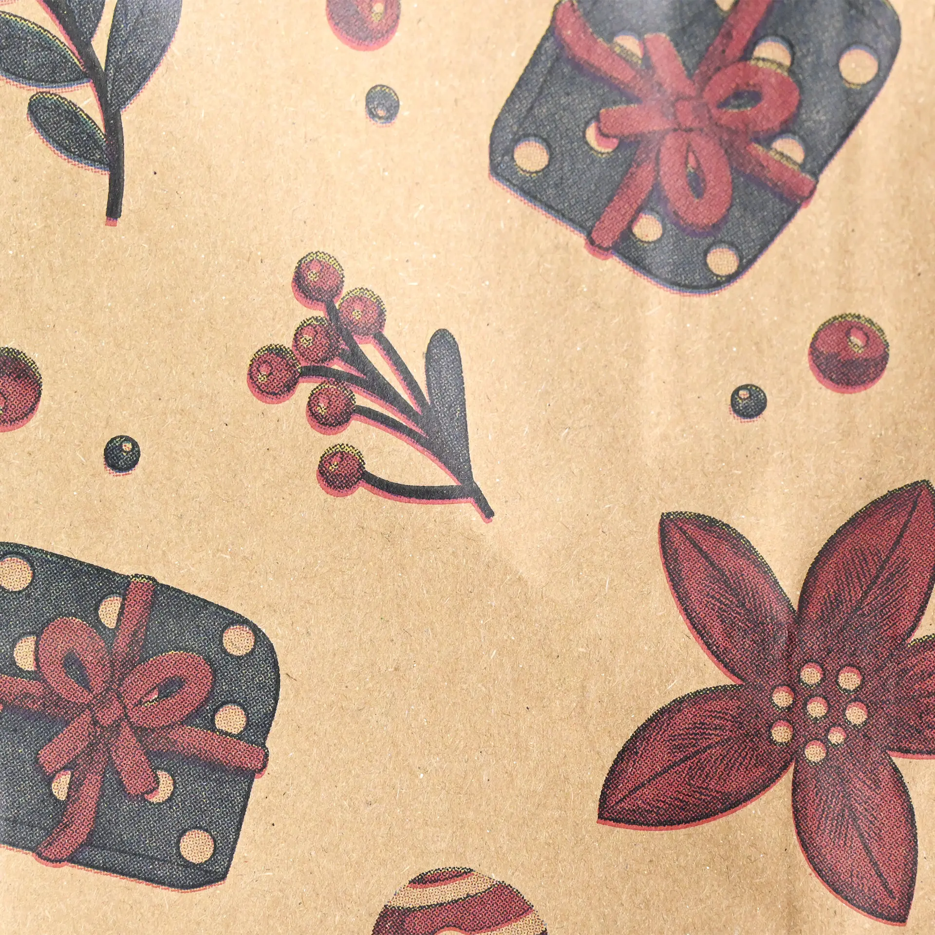 Patterned brown paper featuring red flowers, gift boxes with bows, and berries on a textured background.