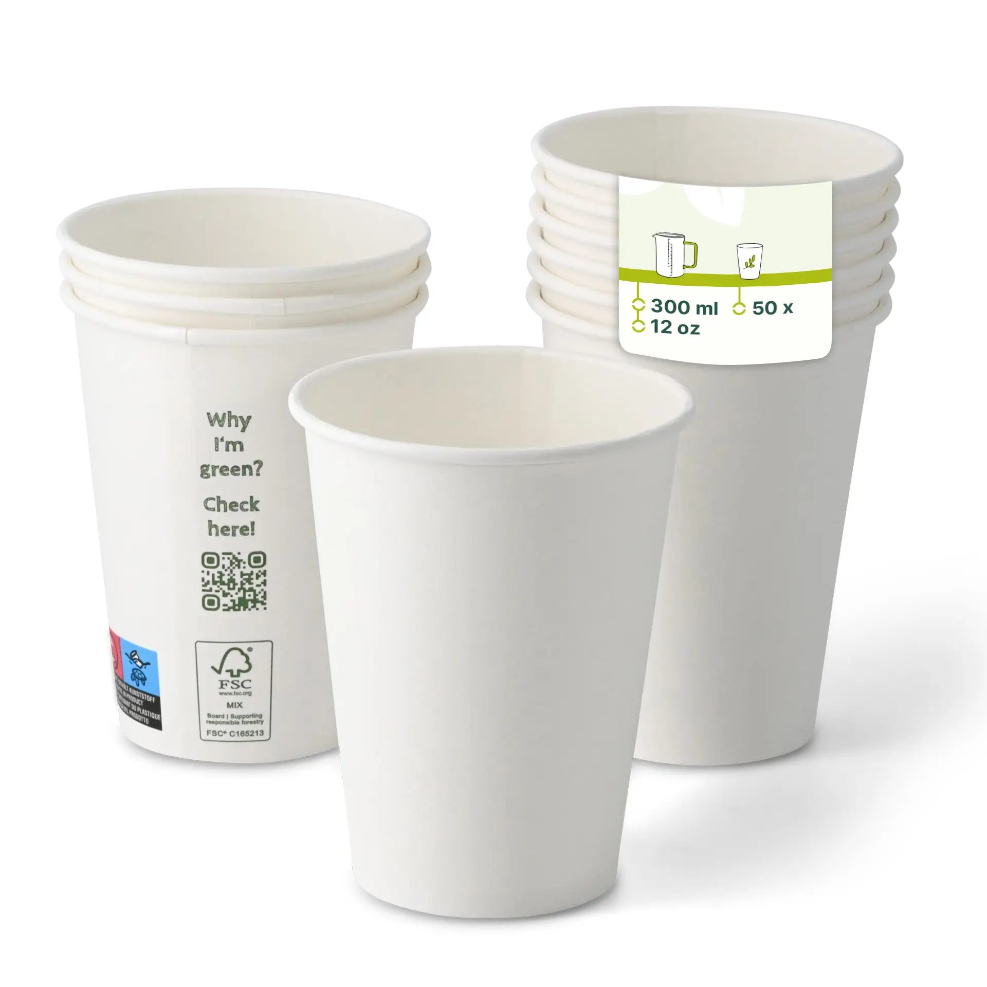 One white paper cup, 300 ml / 12 oz, single wall with PLA coating; several similar cups stacked behind, featuring a QR code label.