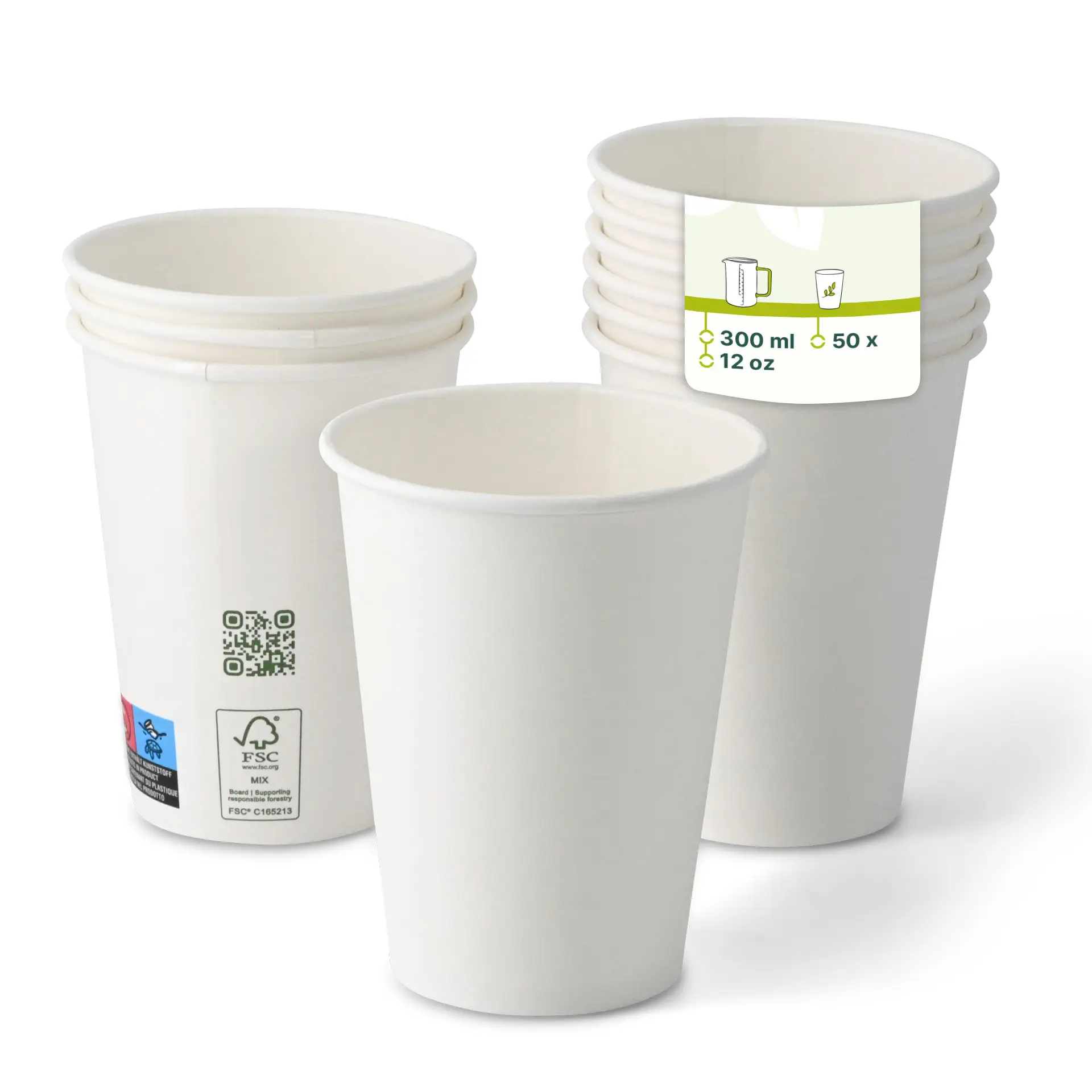 One white paper cup, 300 ml / 12 oz, single wall with PLA coating; several similar cups stacked behind, featuring a QR code label.