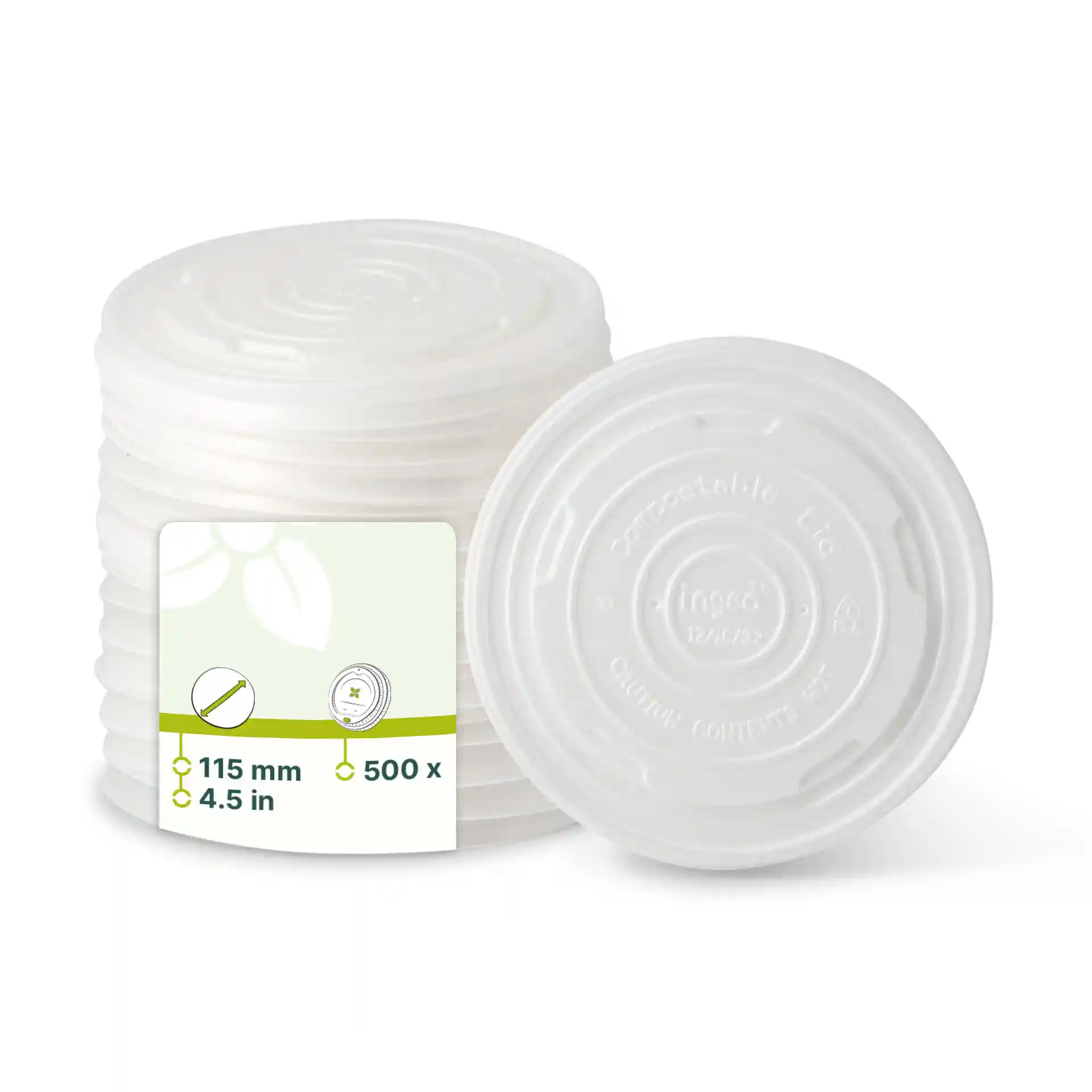 White CPLA flat lids, 115 mm diameter, stacked with a label showing dimensions and quantity of 500.