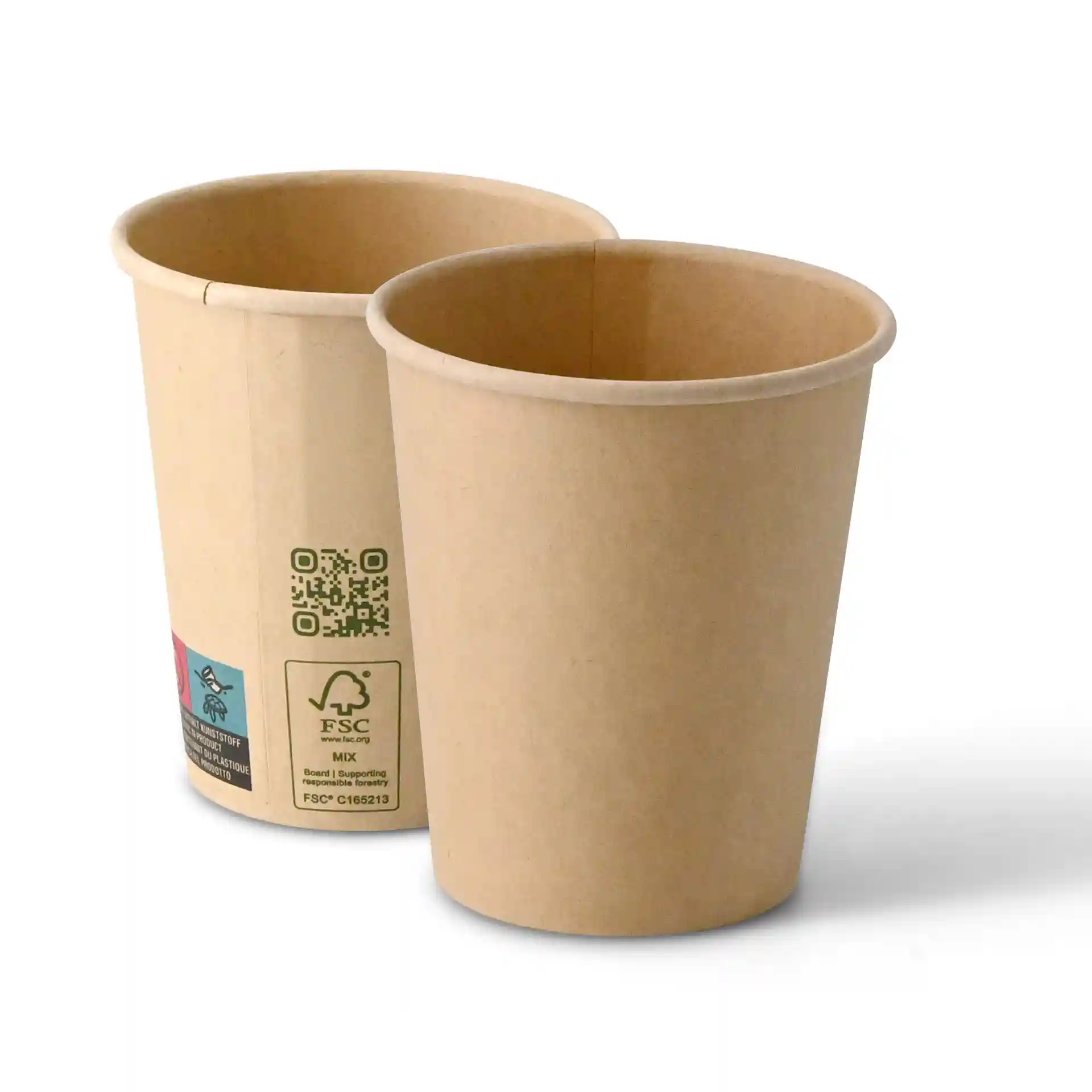 Brown paper cups with a single wall design, 200 ml capacity, and visible certification labels on the side.