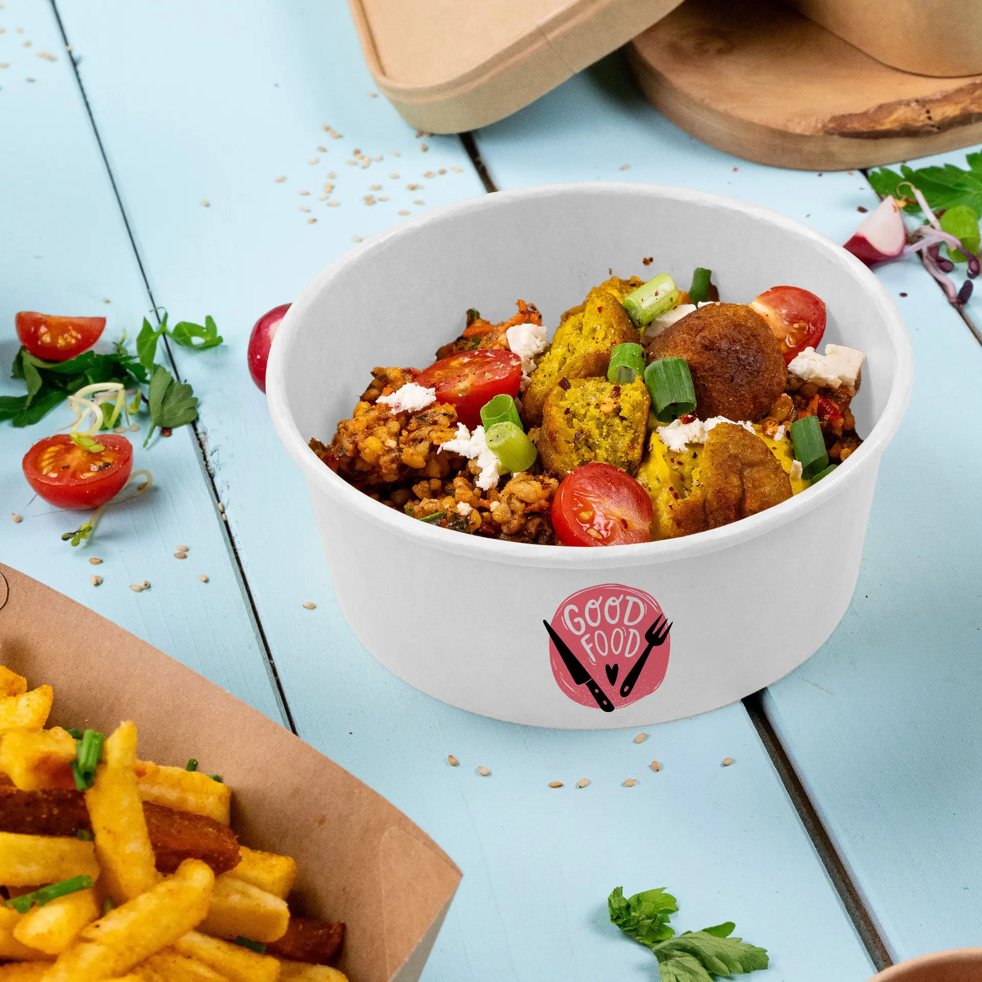 Custom salad bowls / Printed bowls, 650 ml, Ø 150 mm, white, PE-coated