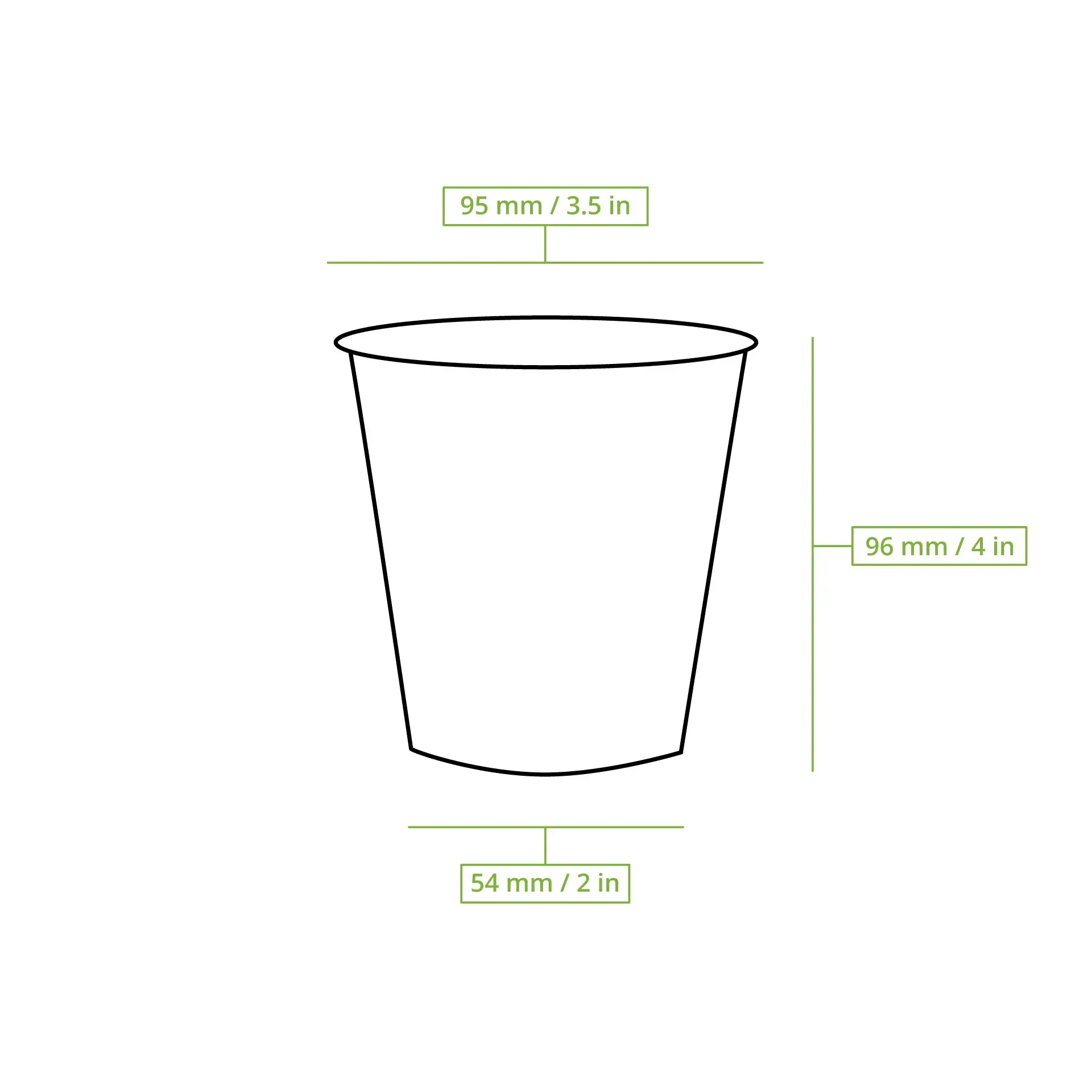 8 oz clear cup made from 100% recycled PET; dimensions: 96 mm diameter, 95 mm height, 54 mm base diameter.