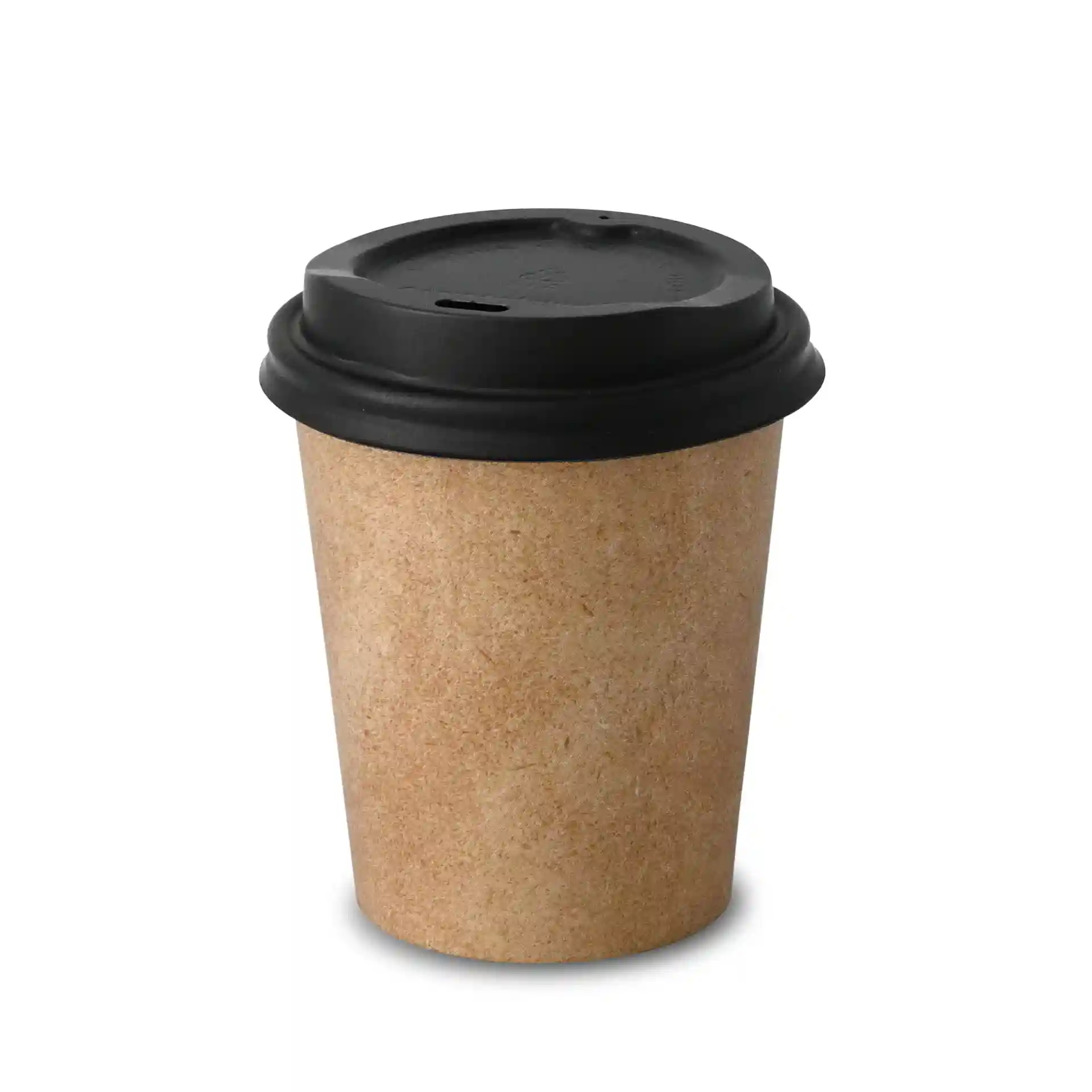 Brown paper cup with a black lid, single wall, 200 ml capacity, 80 mm diameter, 90 mm height.