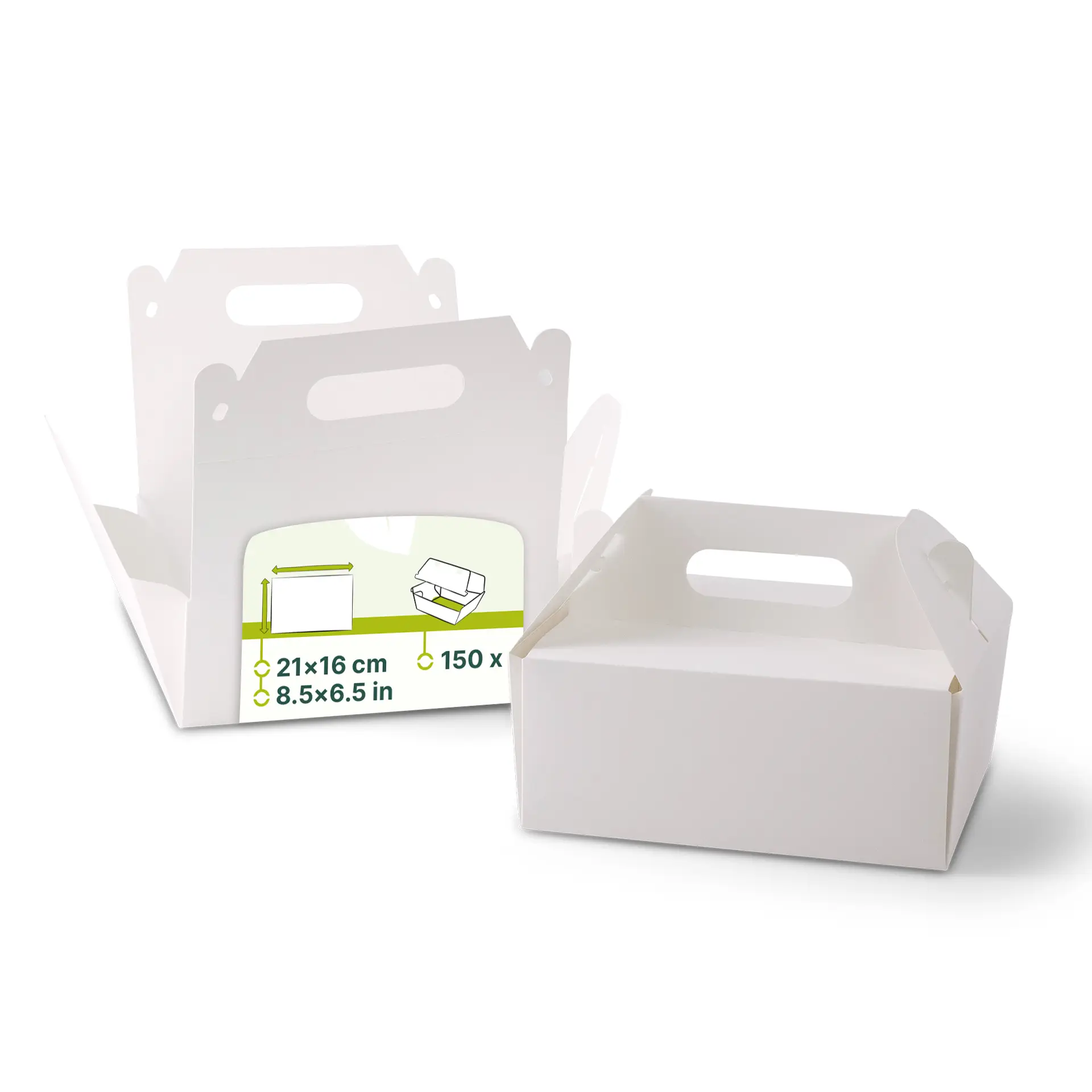 Cardboard pastry boxes with handle M, 21 x 17 x 9 cm, white, foldable Cardboard pastry boxes with handle M, 21 x 17 x 9 cm, white, foldable