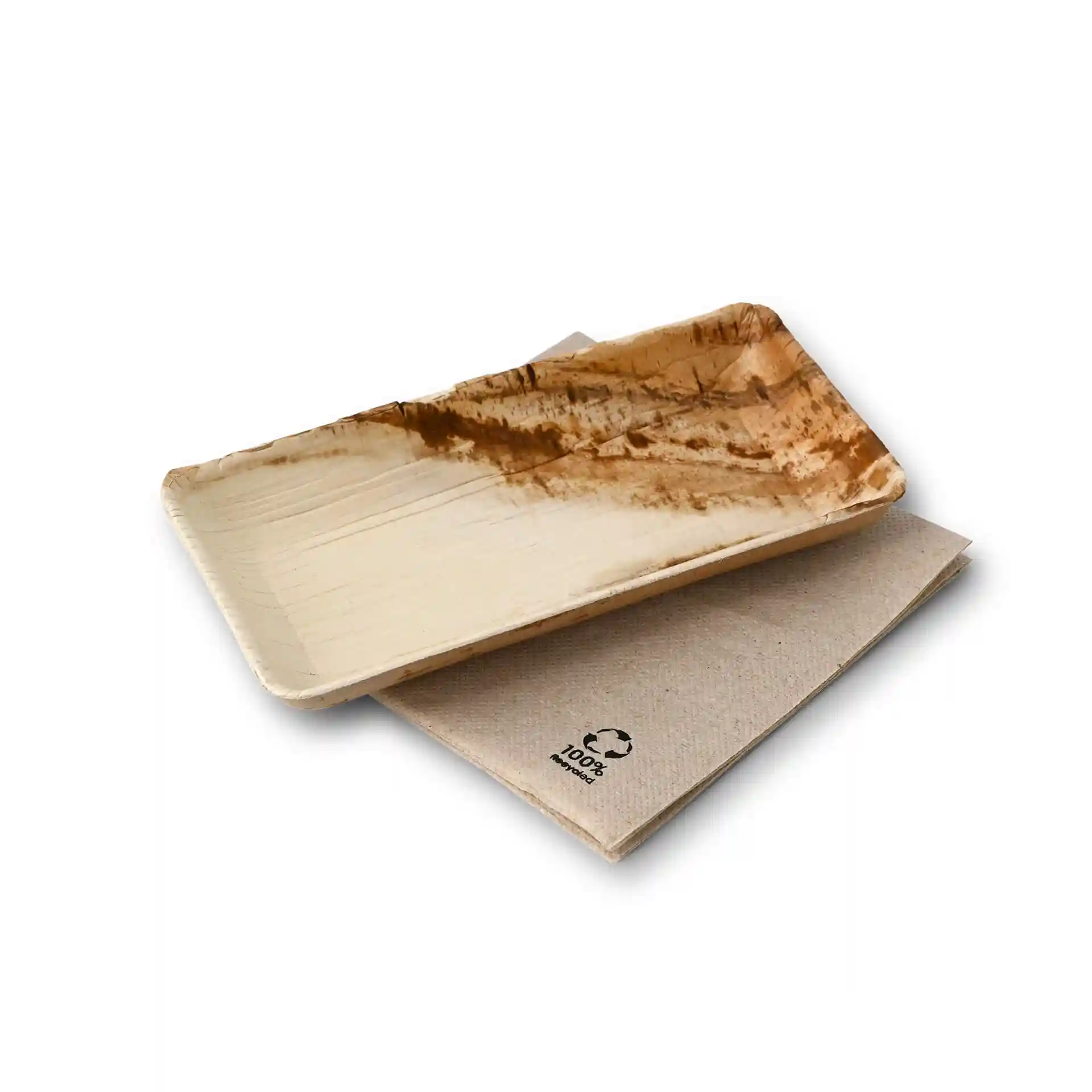 Rectangular palm leaf bowl with a grain pattern, placed on a beige surface.
