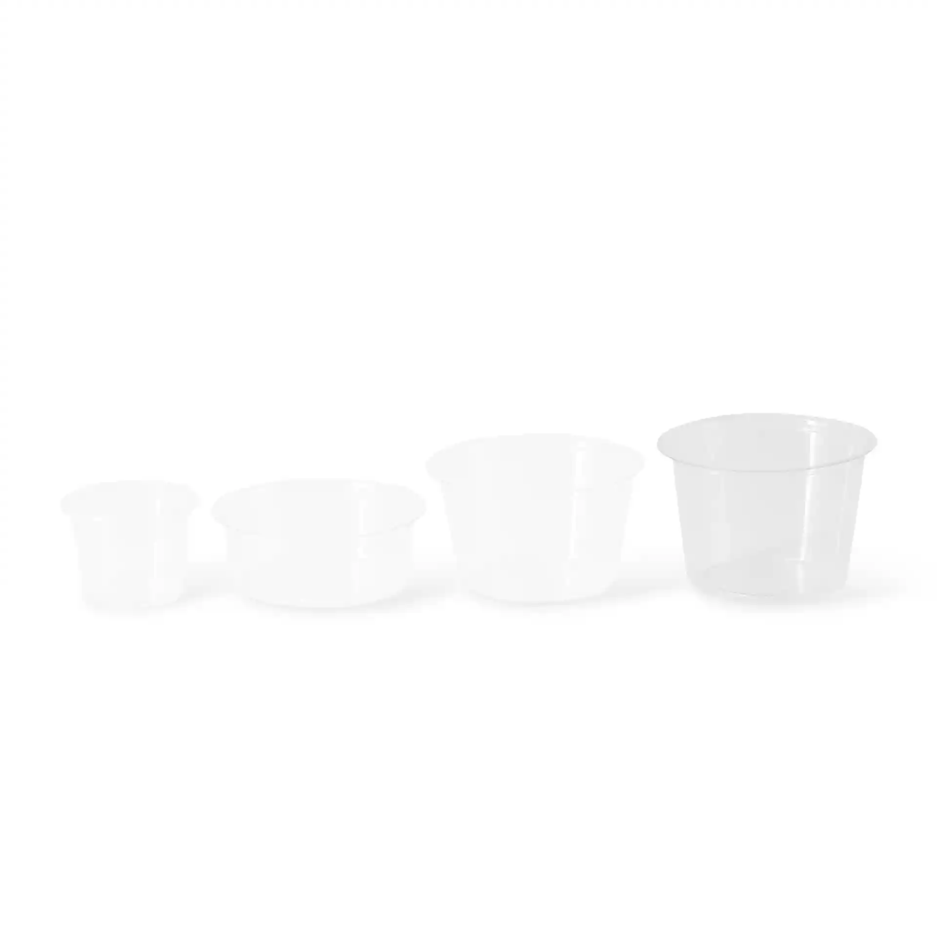 Image of four transparent PLA portion cups of varying sizes arranged from smallest to largest.