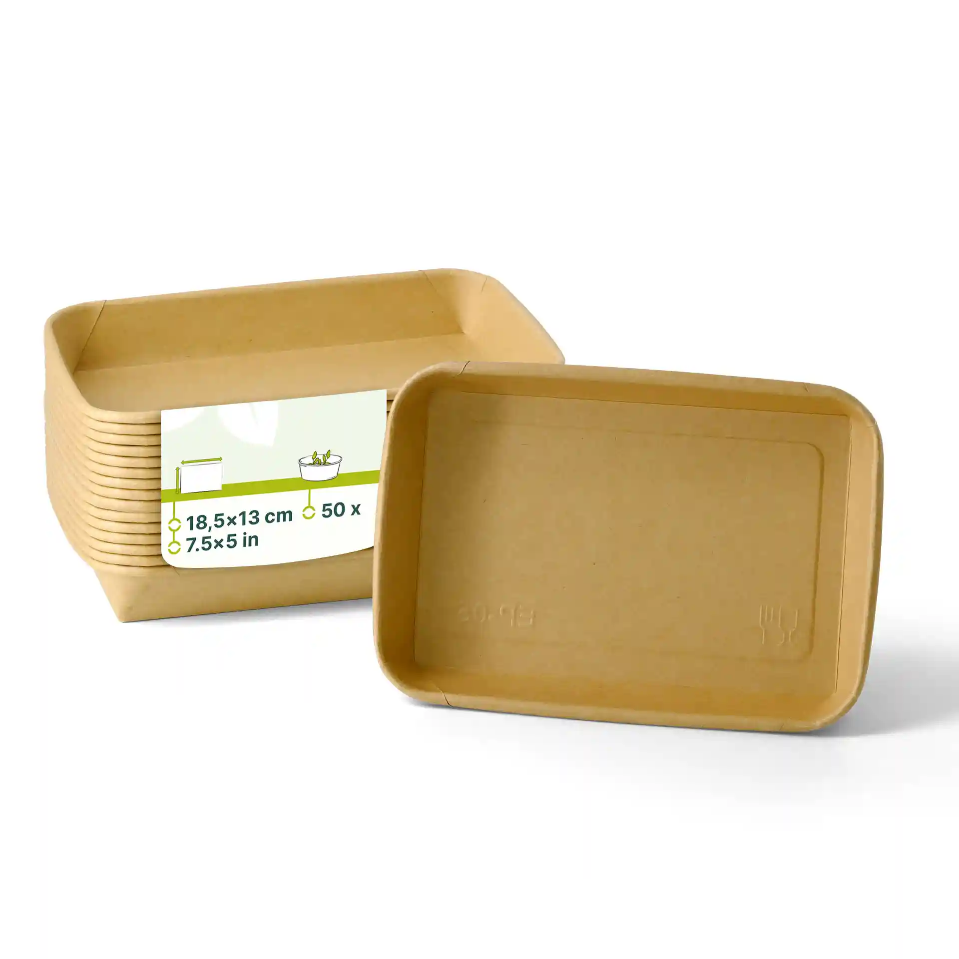 Brown sushi boxes with dimensions 18.5 x 13 x 2.5 cm, stacked with one box in front.