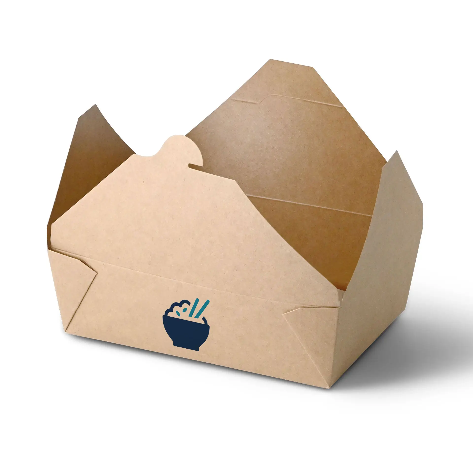 Takeaway box made of sturdy cardboard with a printed logo; designed for hot, saucy dishes; customisable packaging.