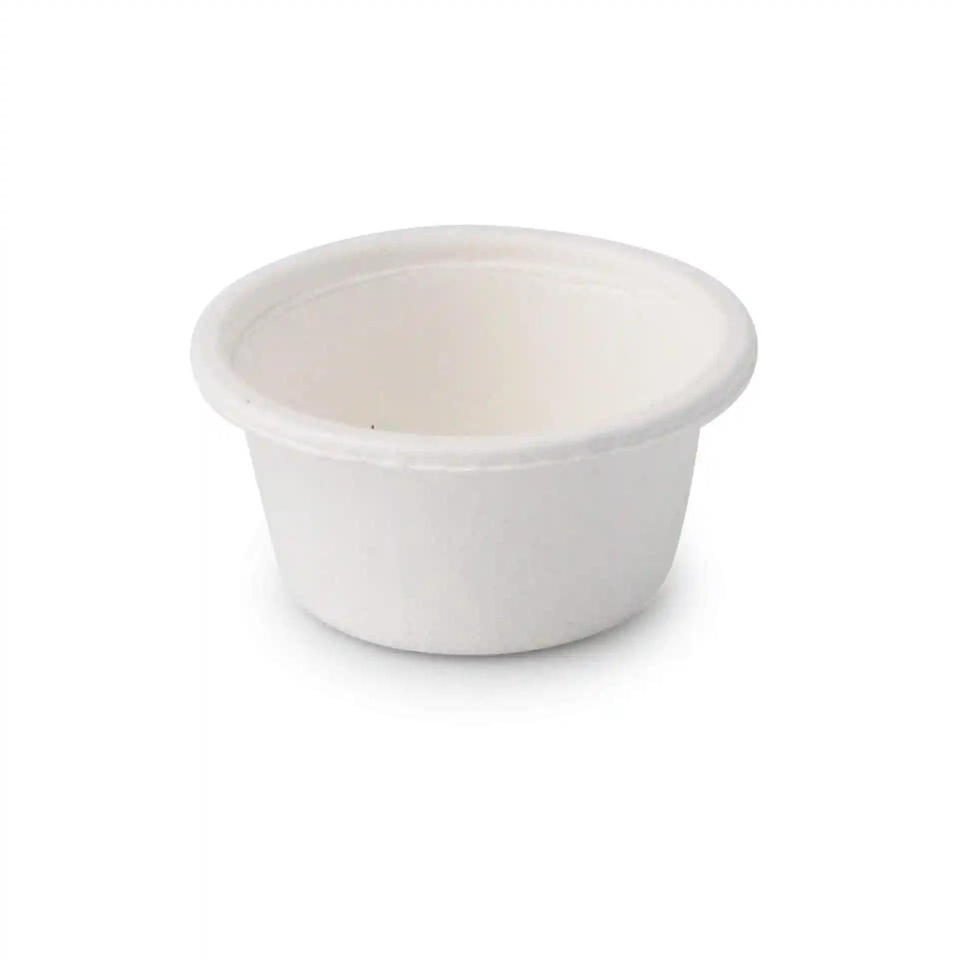White round bagasse cup with a diameter of 62 mm and a height of 30 mm, holding up to 50 ml.