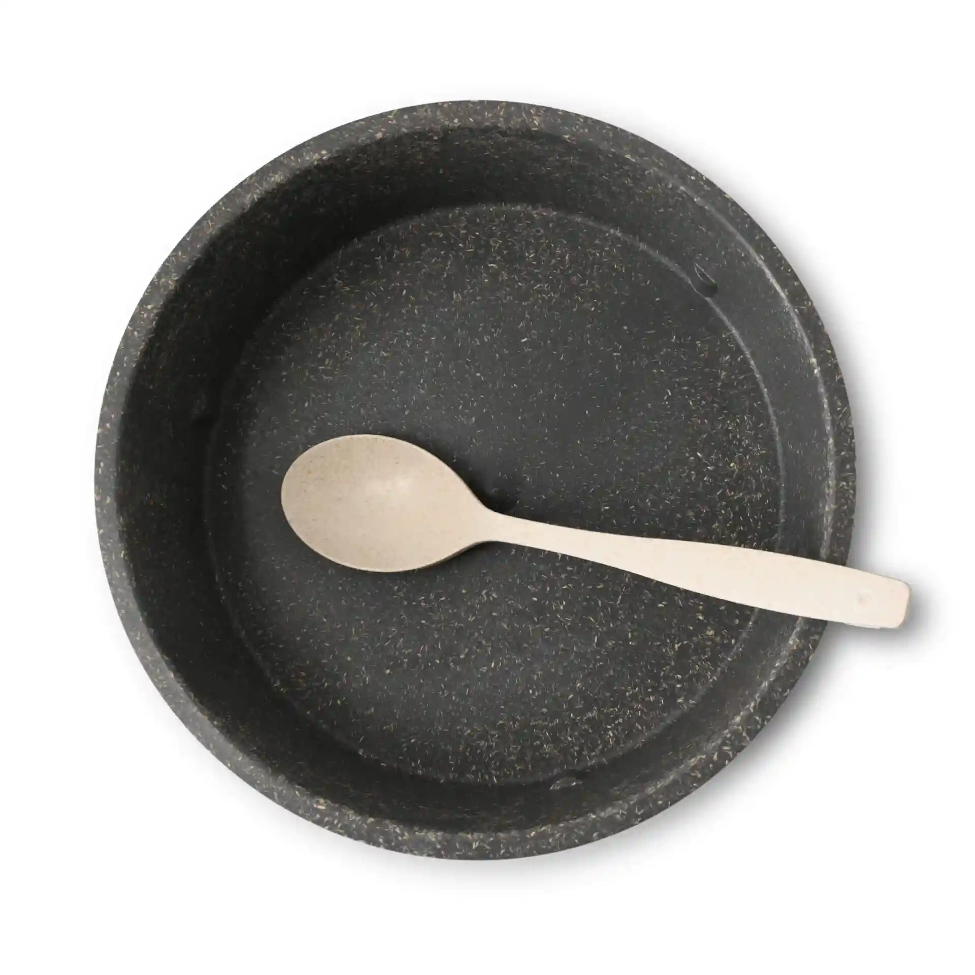 Round grey reusable bowl with a spoon inside, made from bio compound, 1,000 ml capacity.