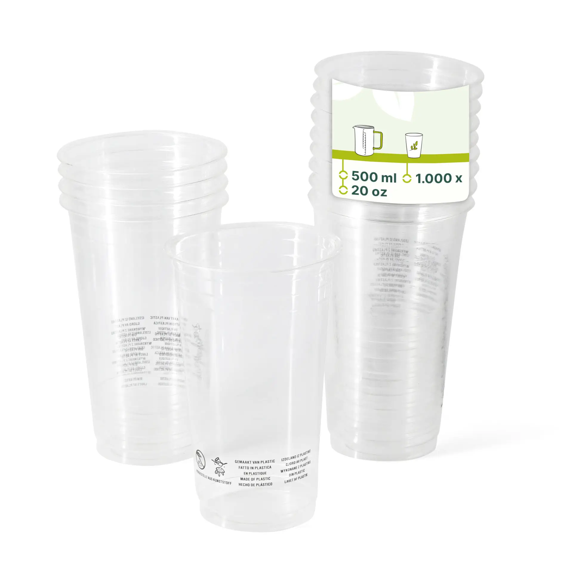 Clear PLA plastic cups stacked, each with a capacity of 500 ml and a diameter of 95 mm.