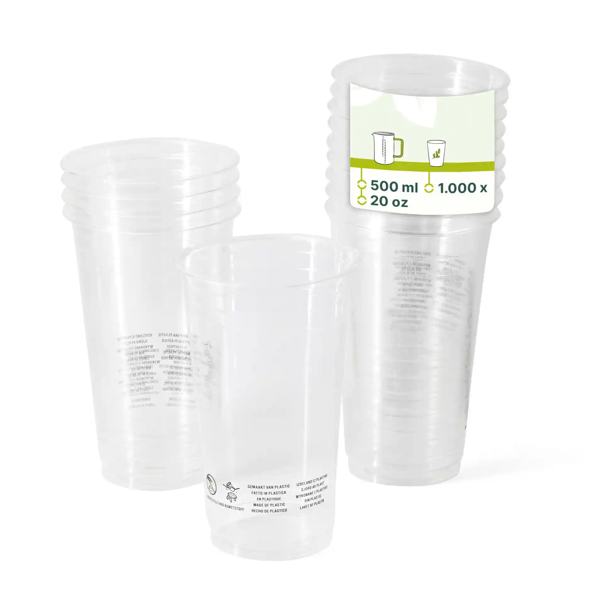 Clear PLA plastic cups stacked, each with a capacity of 500 ml and a diameter of 95 mm.