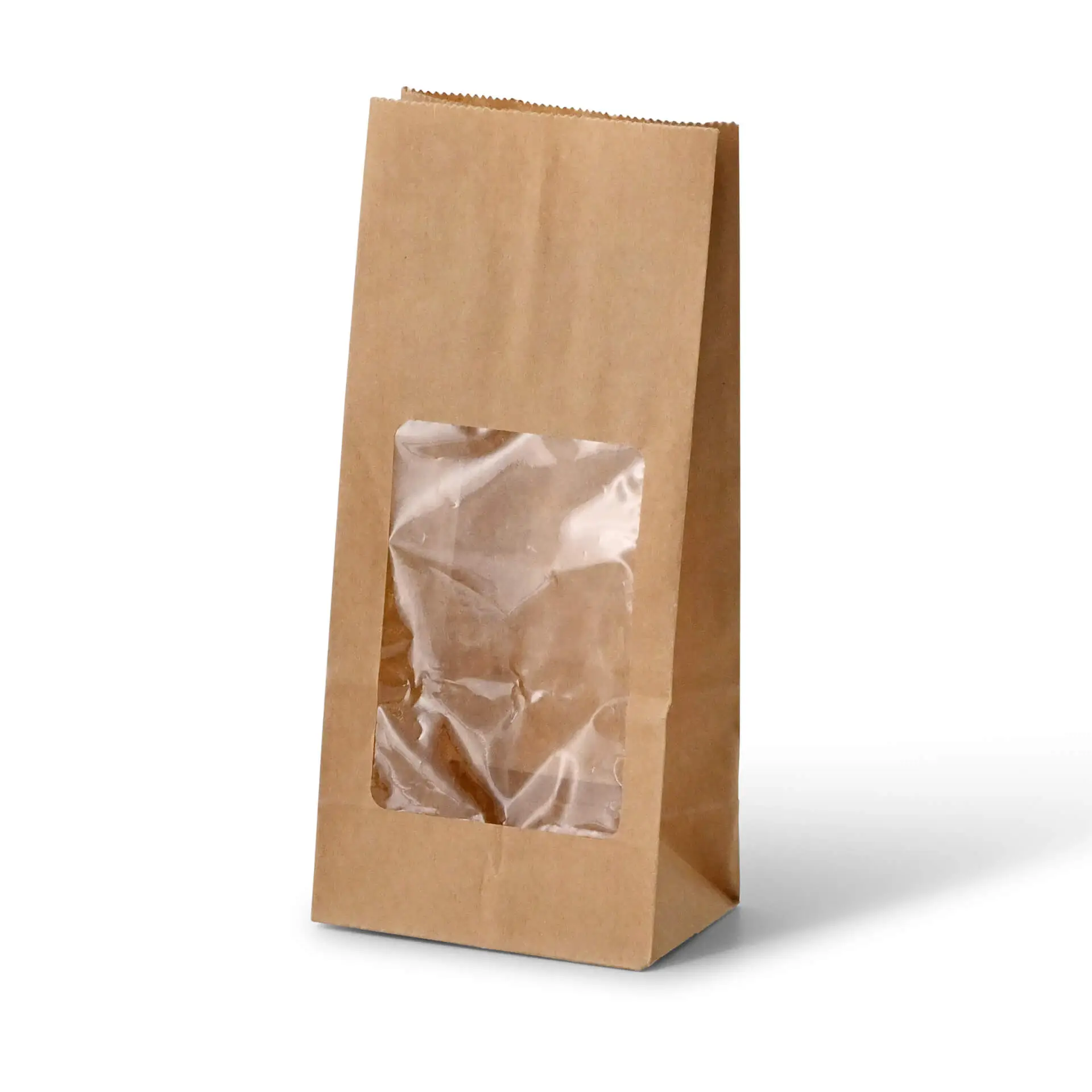 Block bottom-bags with PLA-window S, 9 x 6 x 19,5 cm, brown, kraft paper Block bottom-bags with PLA-window S, 9 x 6 x 19,5 cm, brown, kraft paper