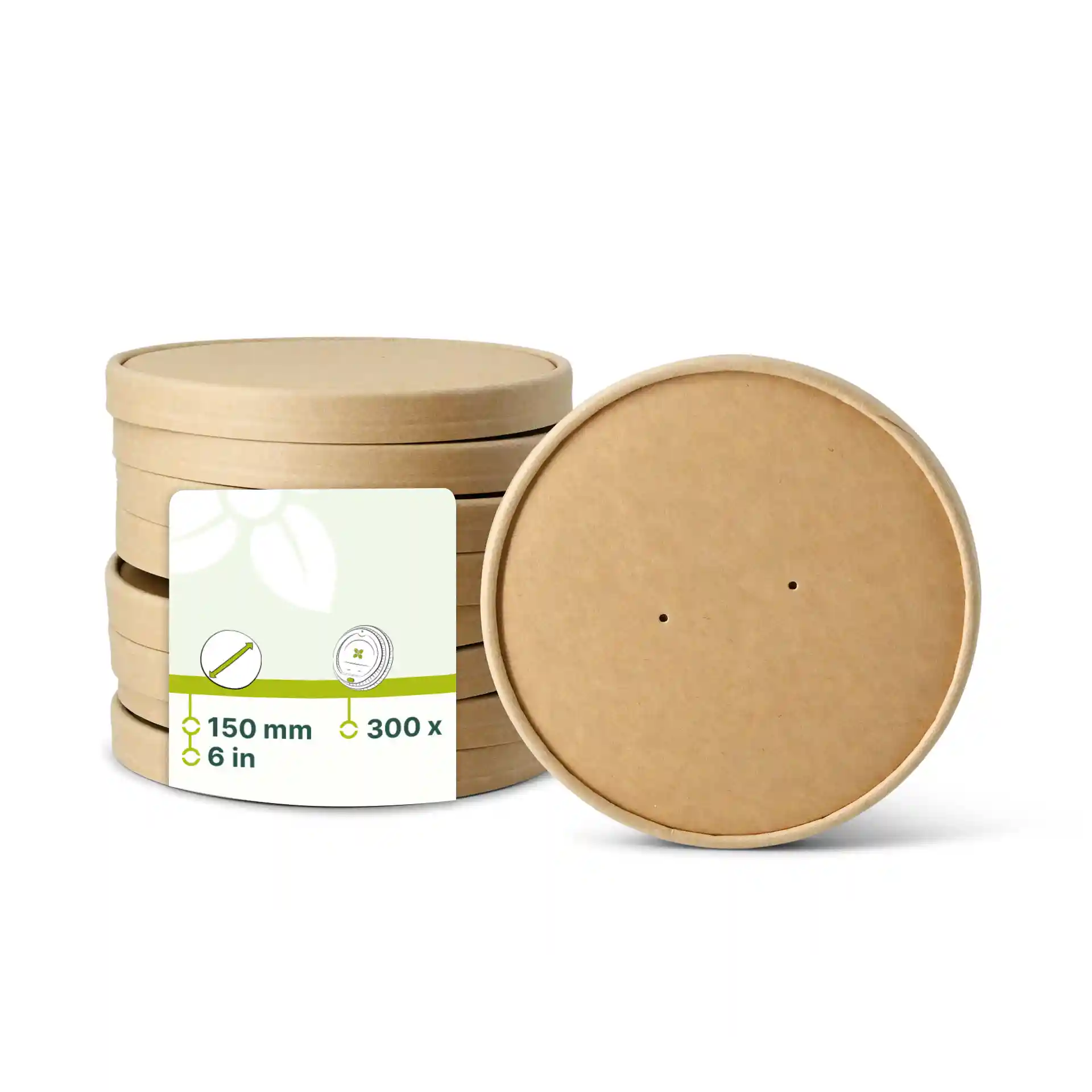 Brown round paper cup lids with a diameter of 150 mm, stacked with a label showing product details.