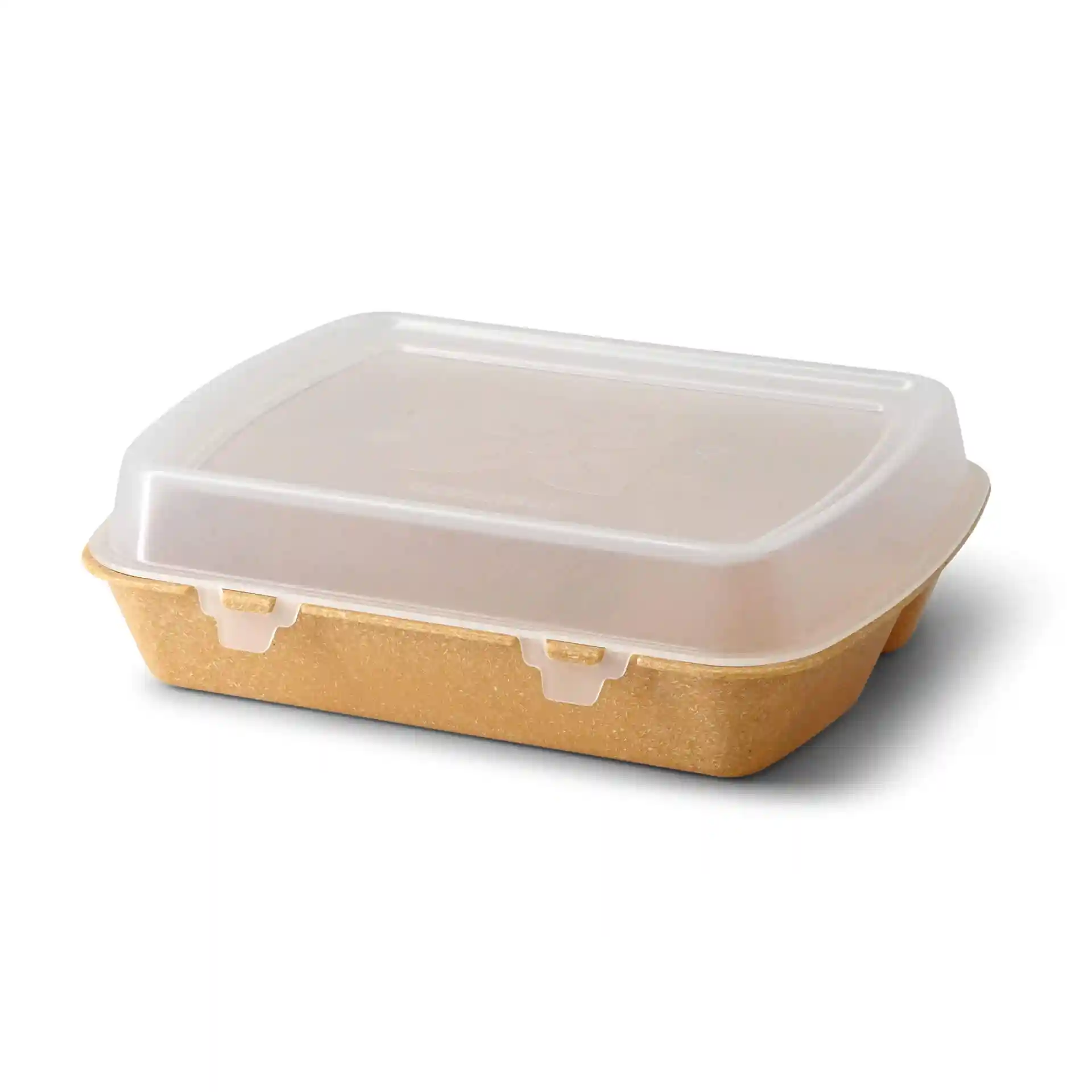 Reusable meal container with a transparent lid, brown base, and three compartments, measuring 24.5 x 20 x 4.5 cm.