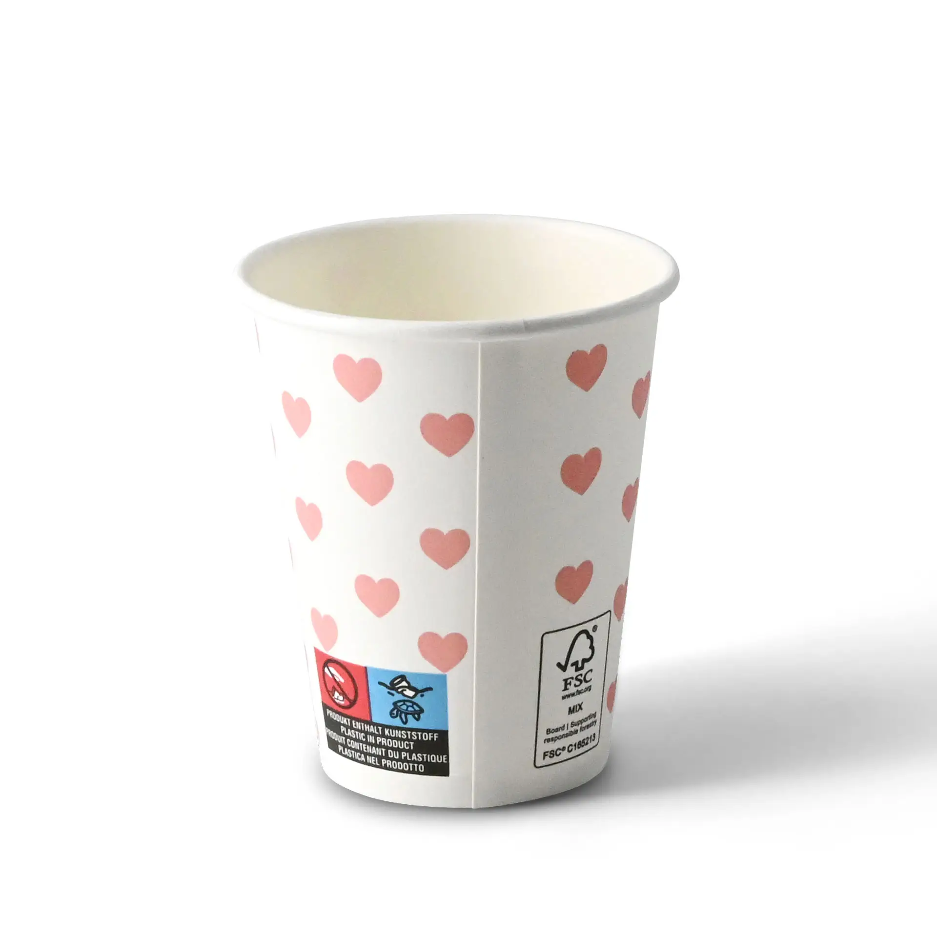 One white paper cup with a hearts print; designed for hot and cold drinks, featuring markings and certification labels.