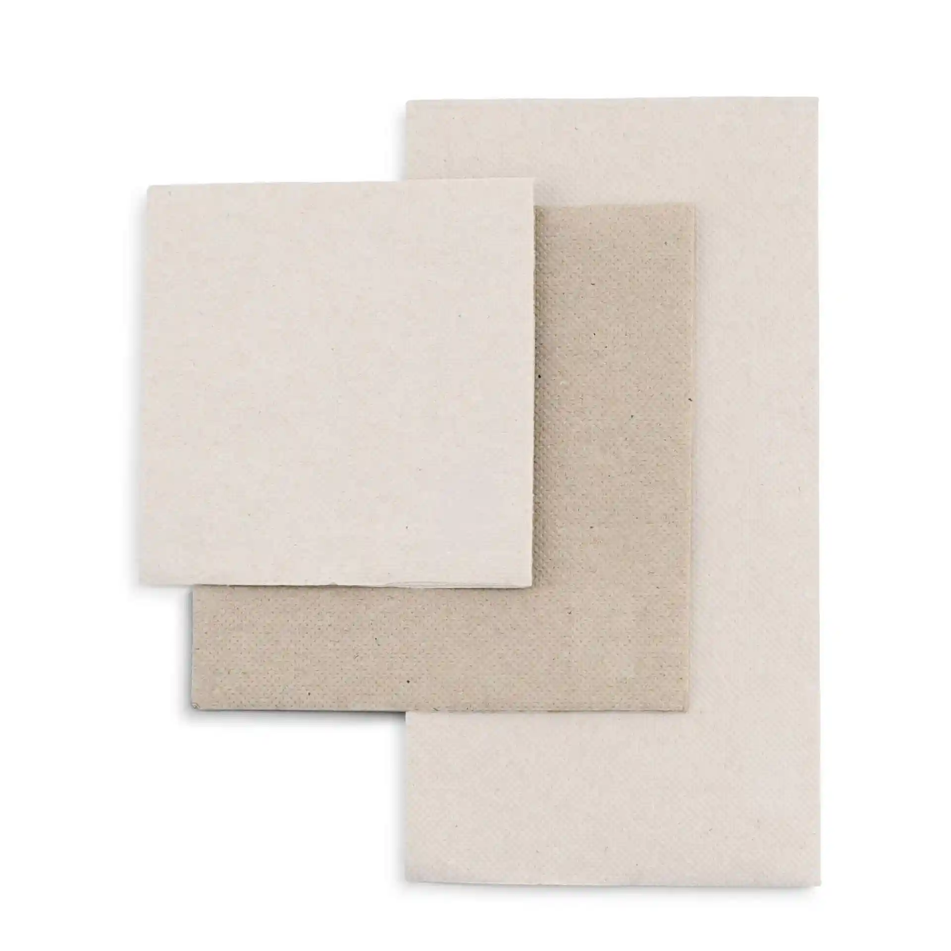 Three square, unbleached recycled paper napkins stacked, showing different textures and sizes, with visible markings.