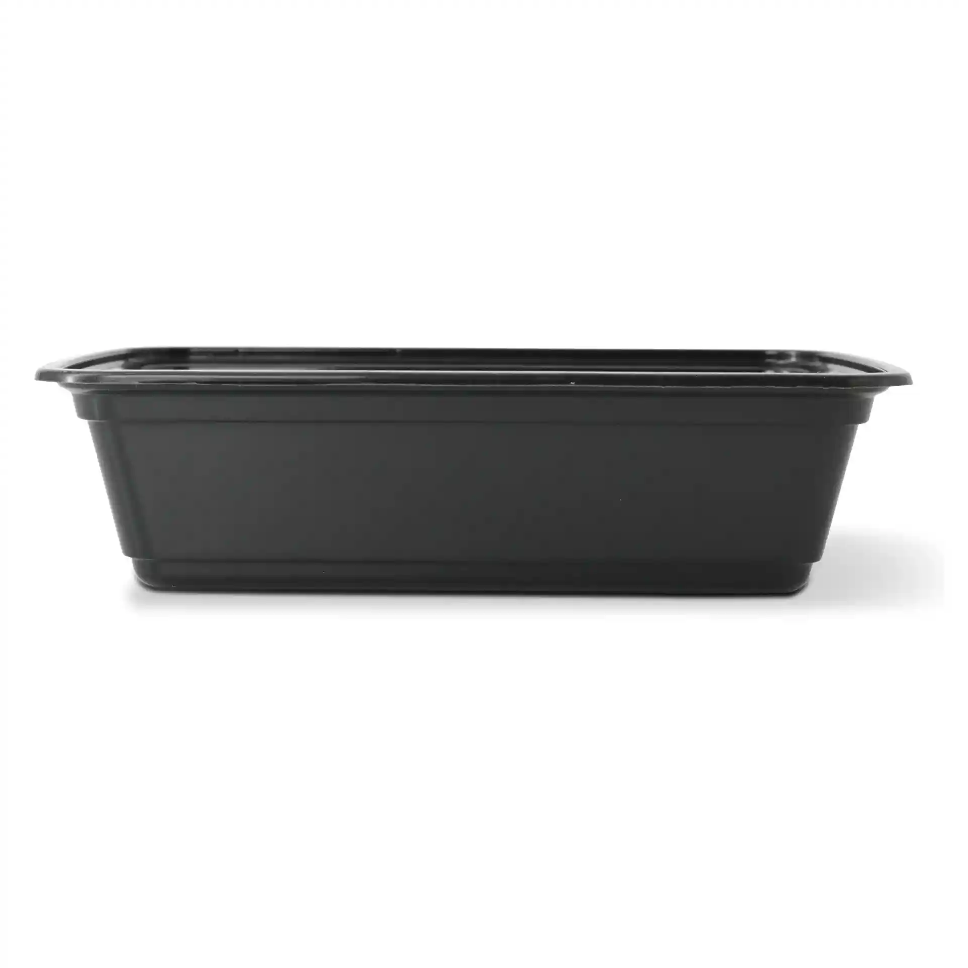 Black rectangular reusable container, made of PP, measuring 185 mm in length, 124 mm in width, and 44 mm in height.