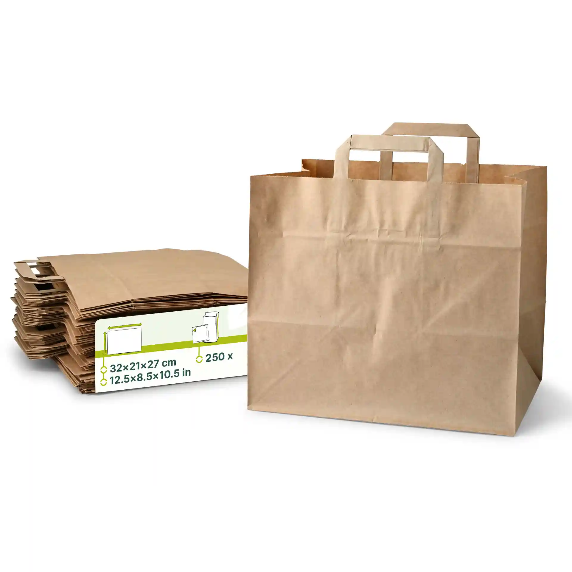 Brown kraft paper carrier bag with handles, next to a stack of flat paper bags.