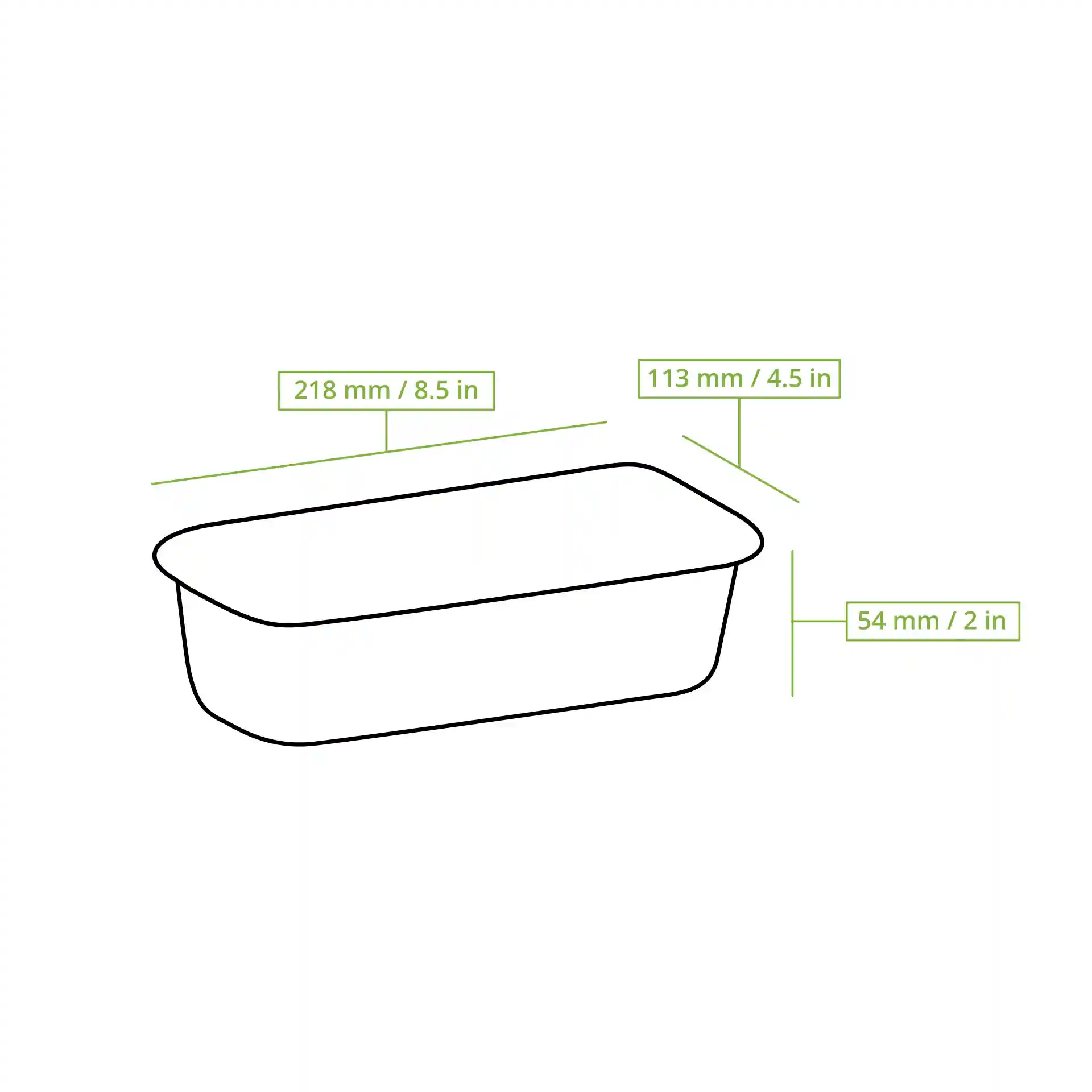 Schematic drawing of a rectangular aluminium container with dimensions labeled: 218 mm length, 113 mm width, and 54 mm height.