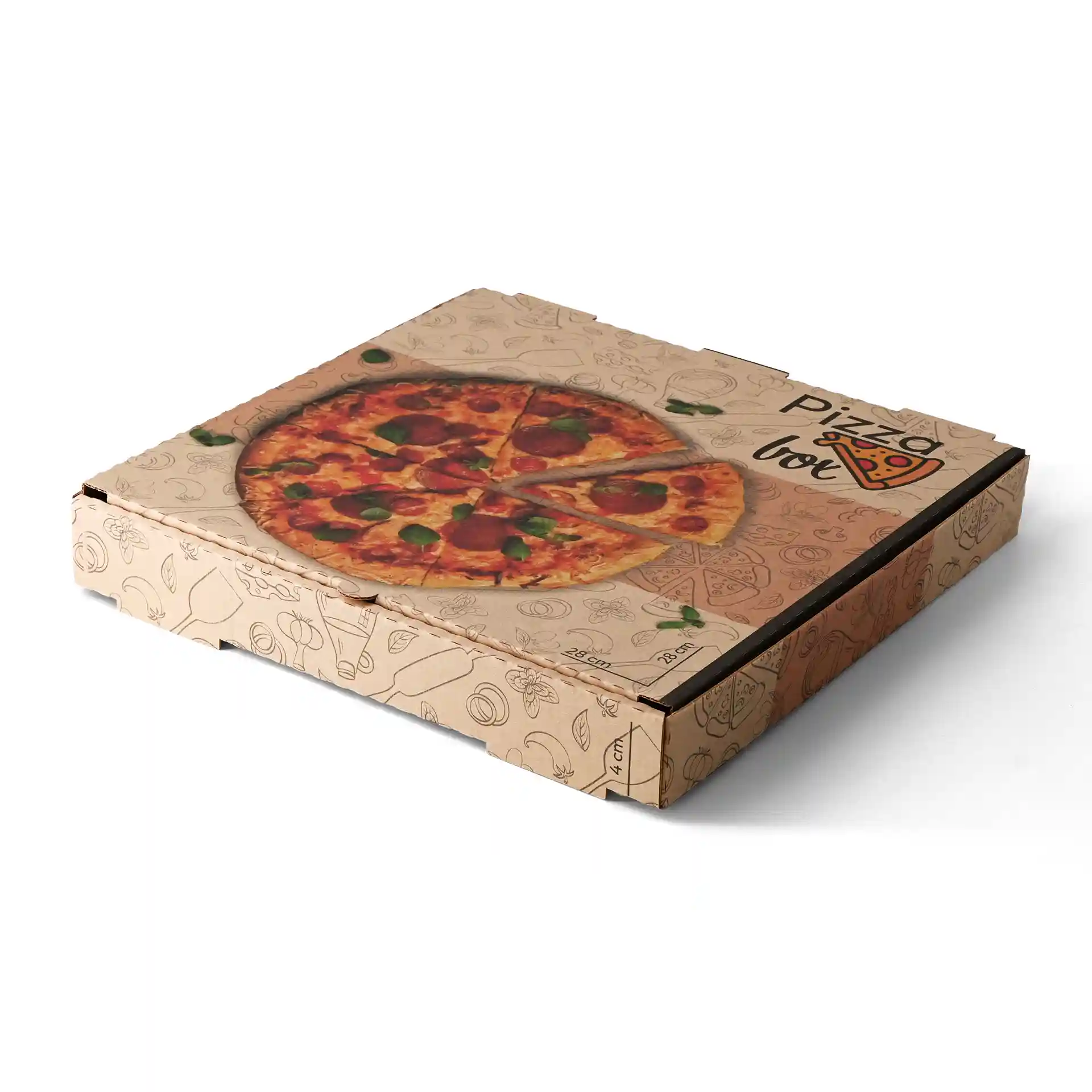 Brown pizza box with a printed pizza design on the top, measuring 28 x 28 x 4 cm.
