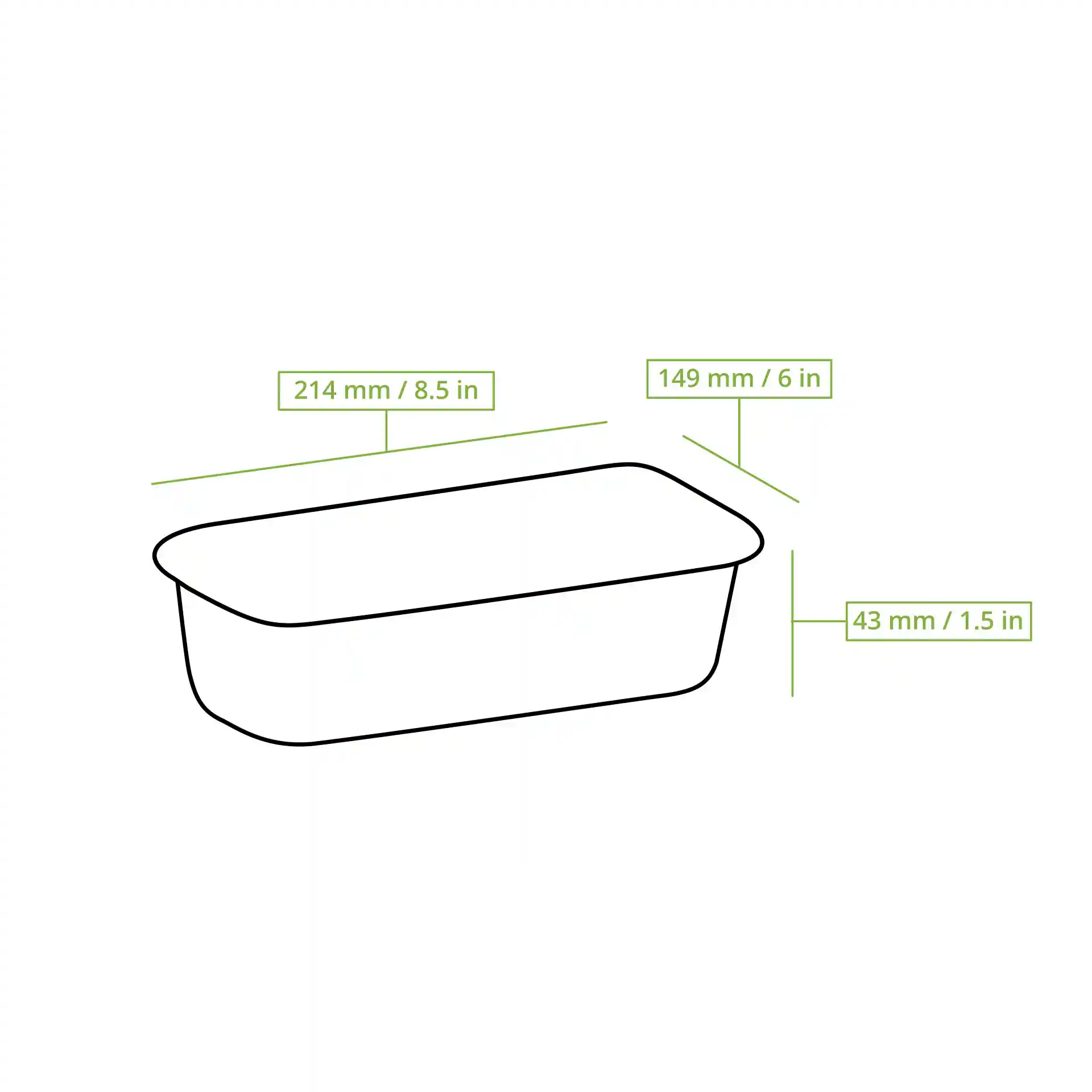 Schematic drawing of a rectangular aluminium container with dimensions labeled: 214 mm length, 149 mm width, 43 mm height.