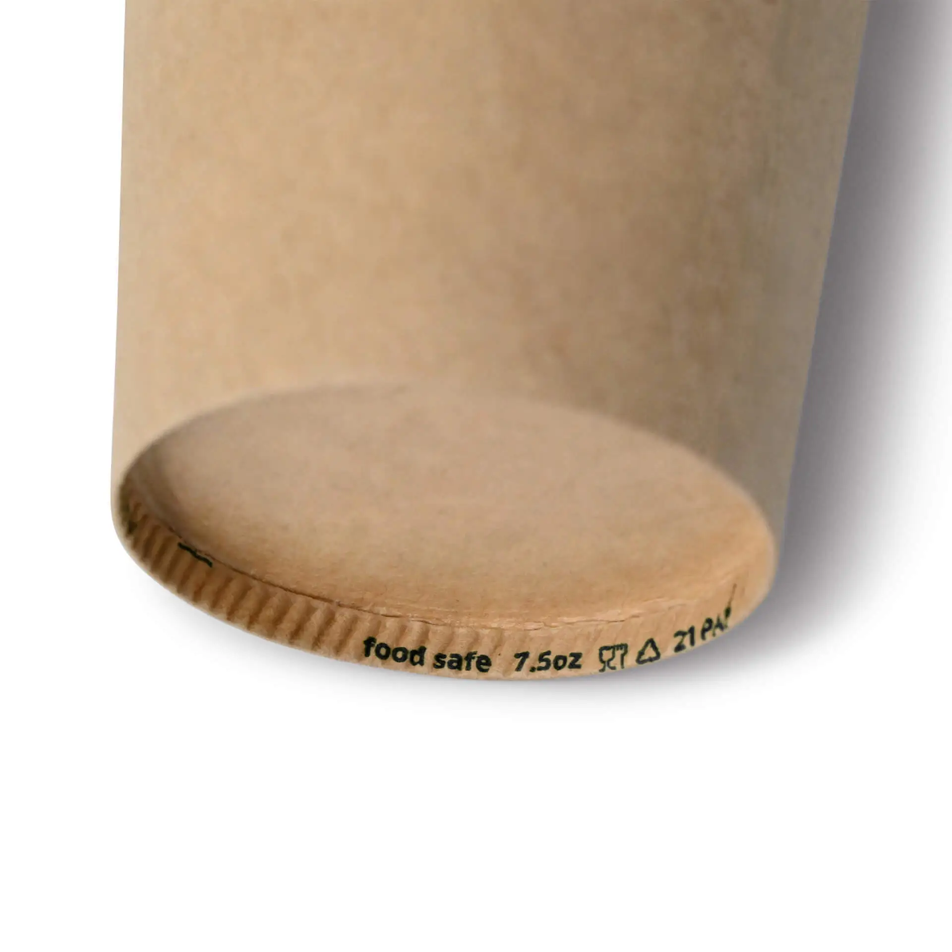 Brown paper cup with a PE coating, 7.5 oz size, showing the base detail and food-safe markings.