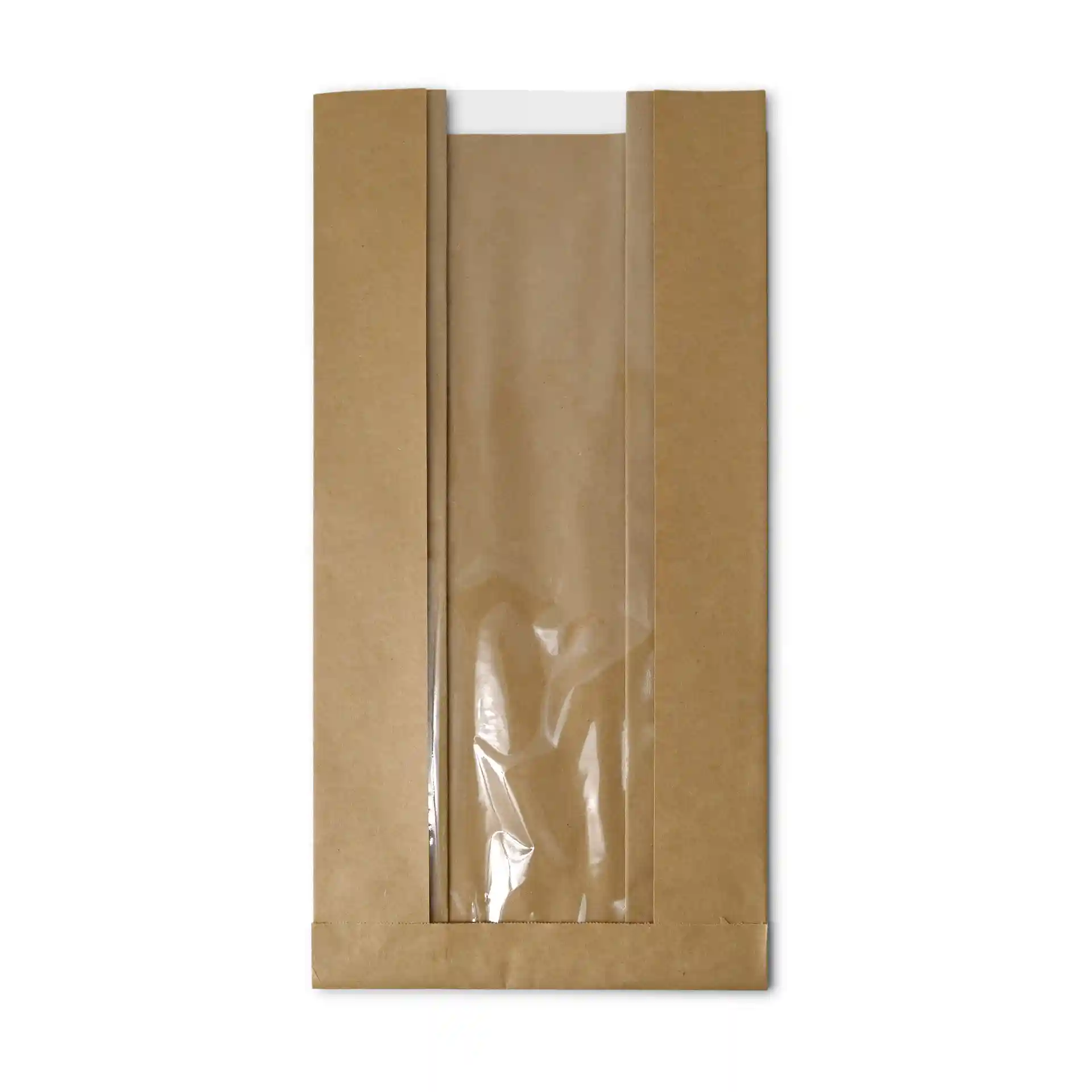 Brown flat paper bread bag with a transparent window, measuring 20 x 11 x 41 cm.
