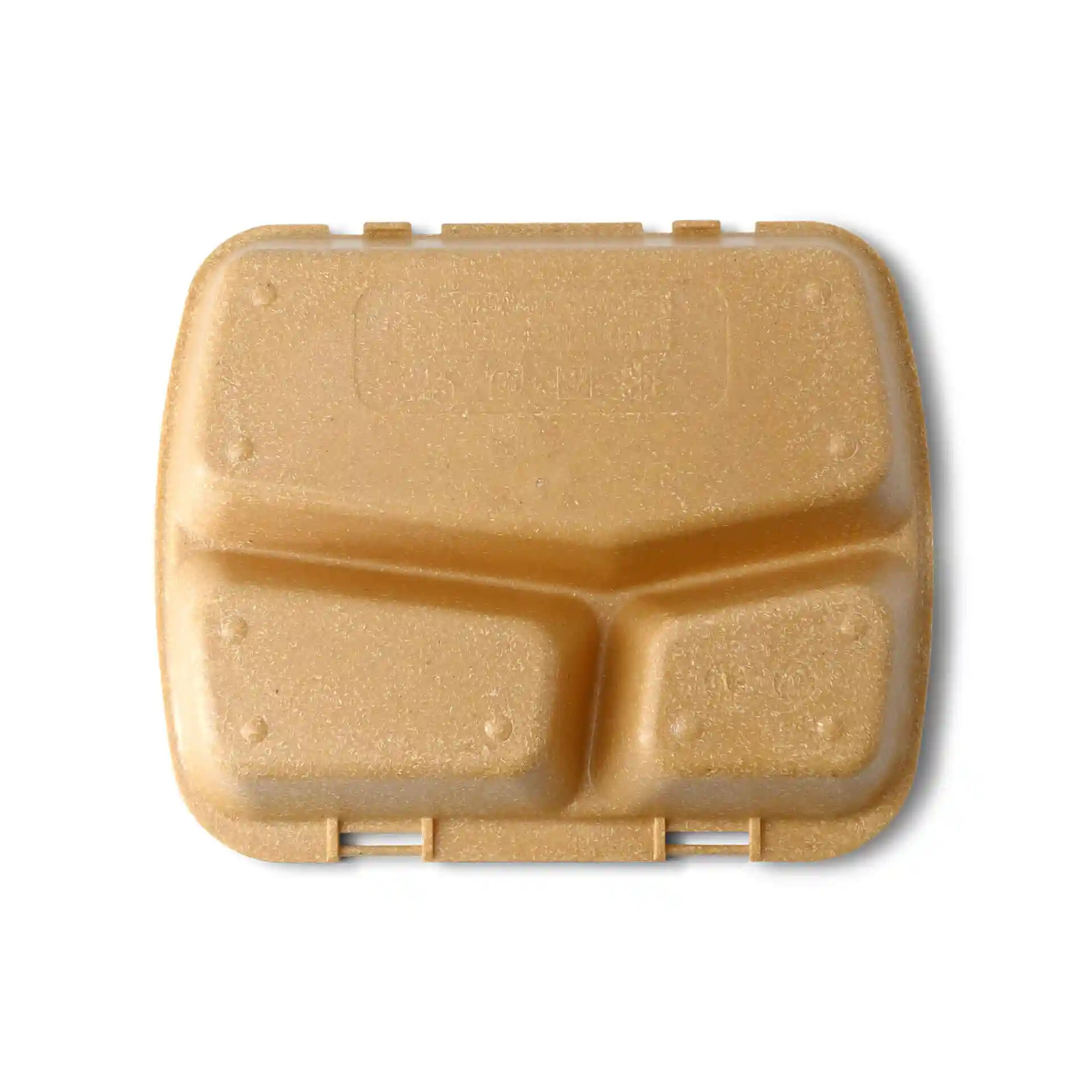 Brown reusable meal container with three compartments, measuring 24.5 x 20 x 4.5 cm.