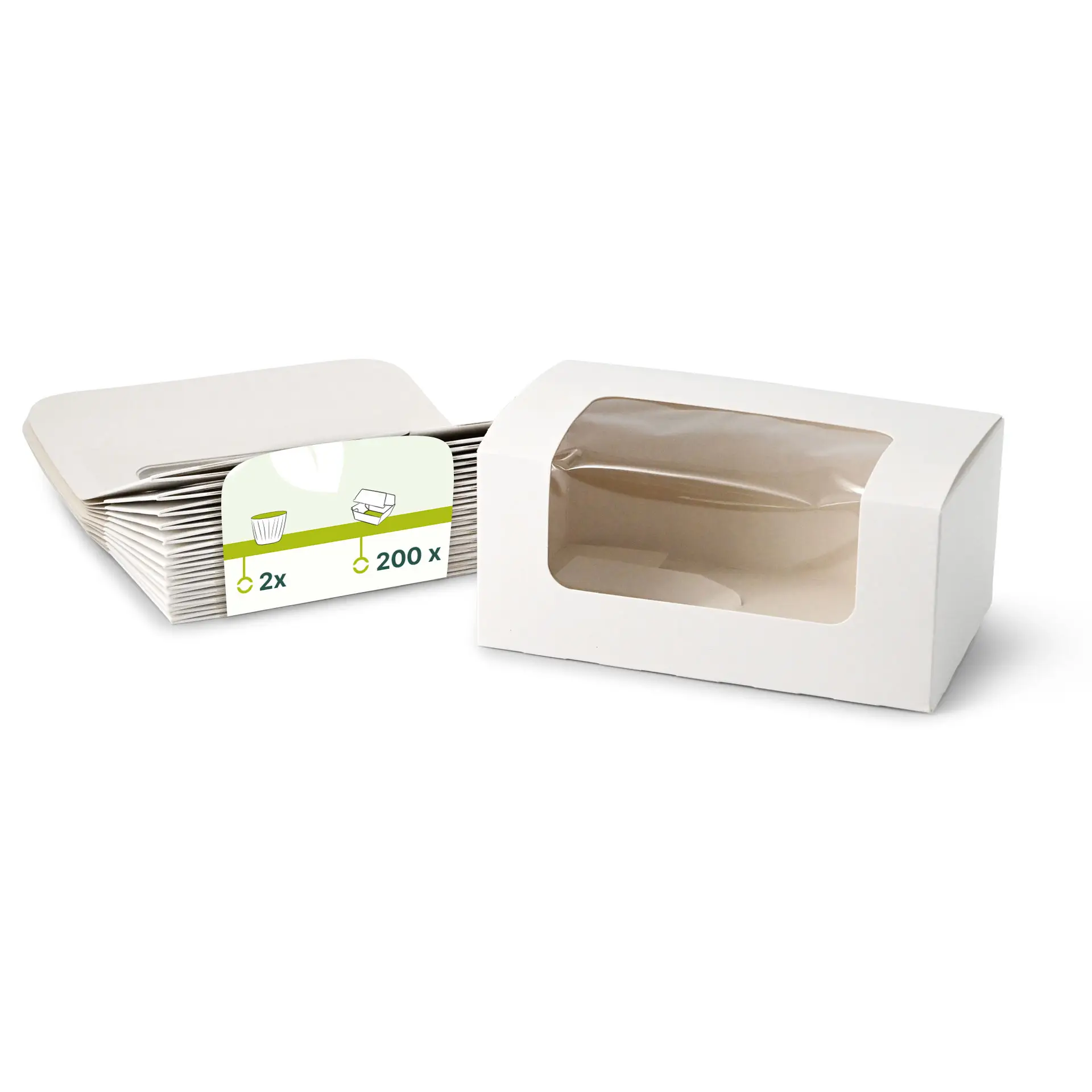 White two-piece cupcake boxes with a cellulose window, suitable for muffins, brownies, and small baked goods.