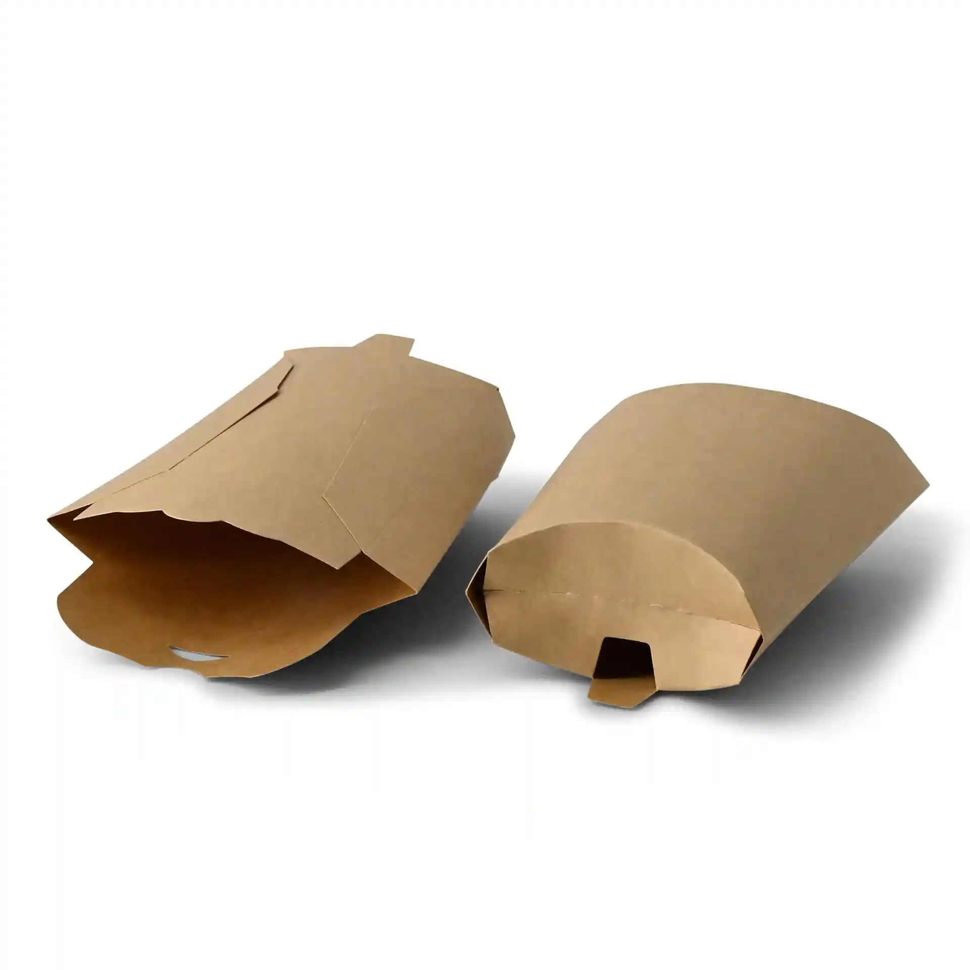 Two brown cardboard chip scoops, one partially open, showing their shape and design.