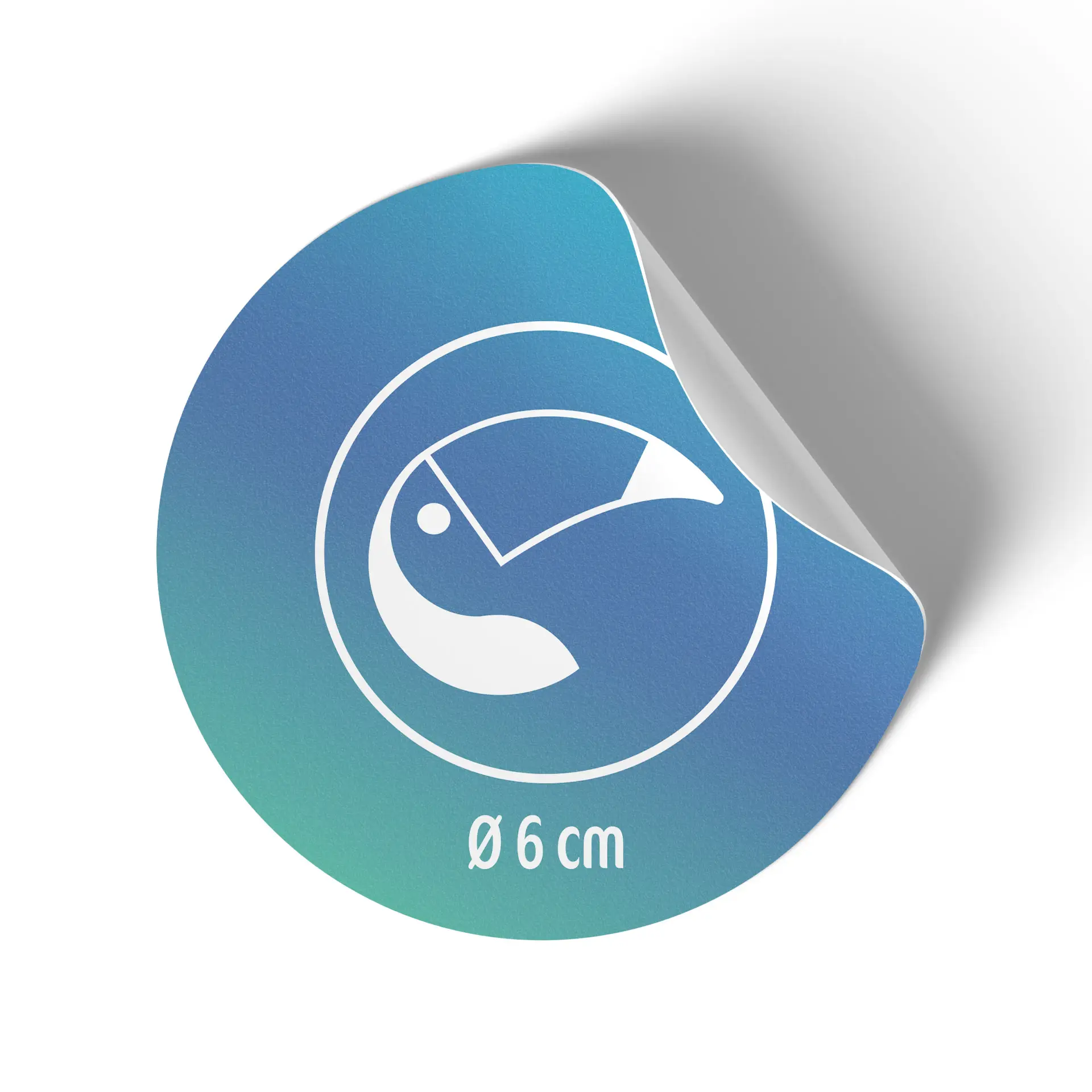 Round sticker with a blue gradient background and a white stylized bird logo; diameter of 6 cm, showing partial peeling at the edge.