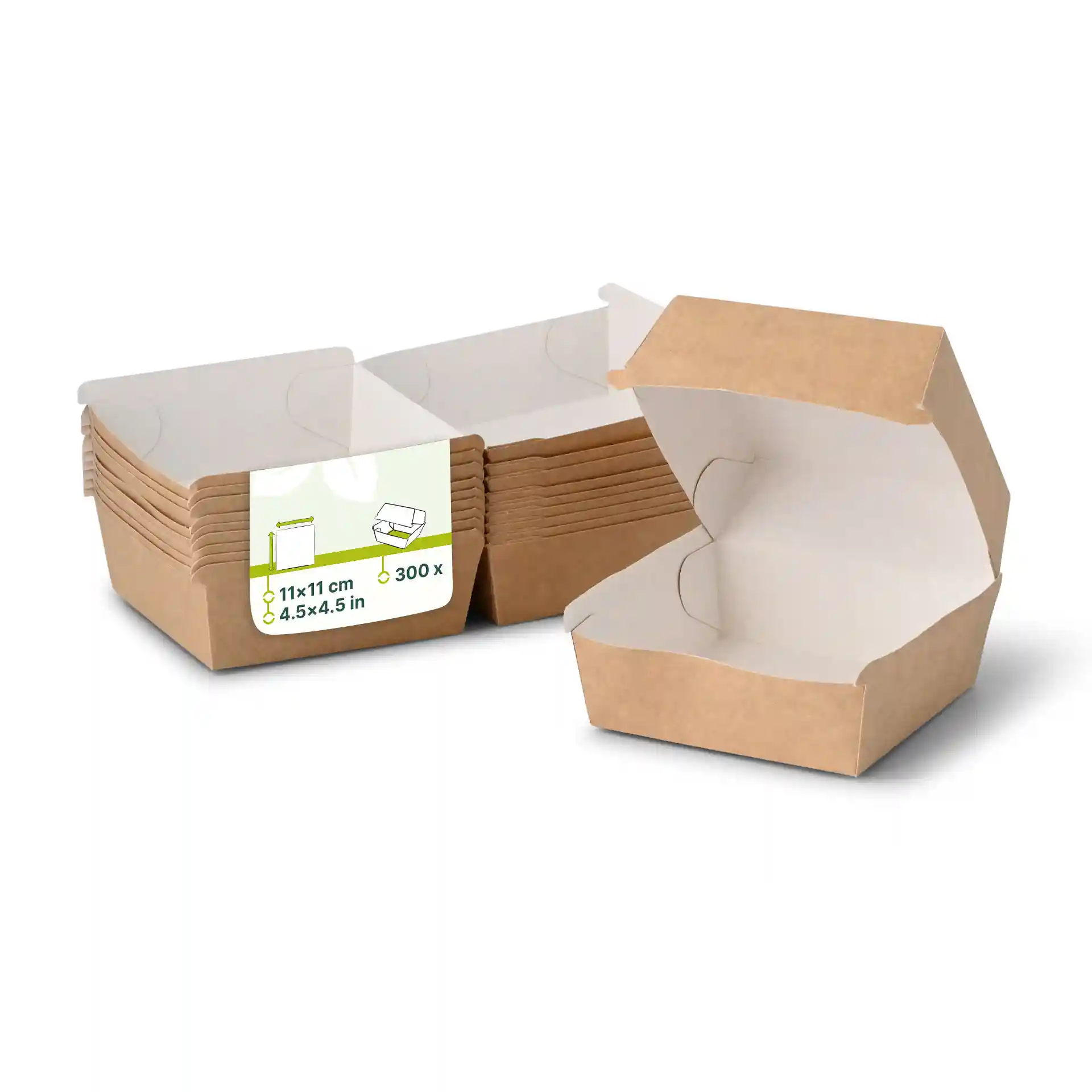 Brown cardboard takeaway burger boxes with a rectangular shape, showing several stacked and one open.